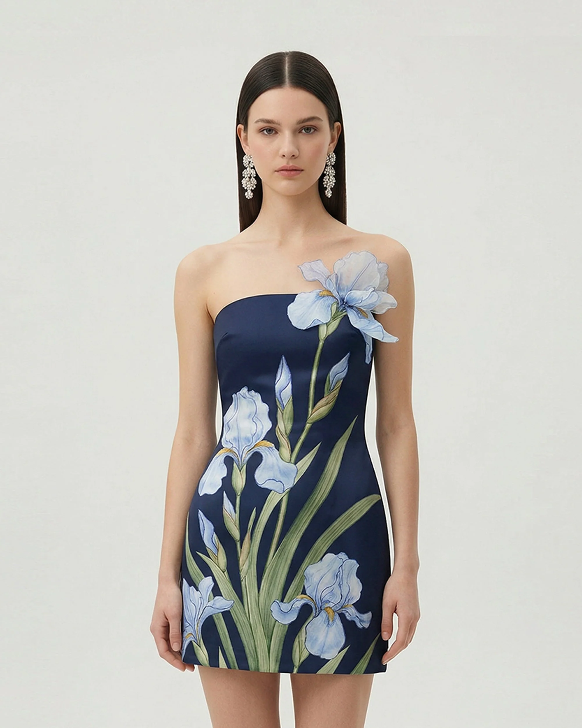 Floral Printed Mini Dress - Navy blue