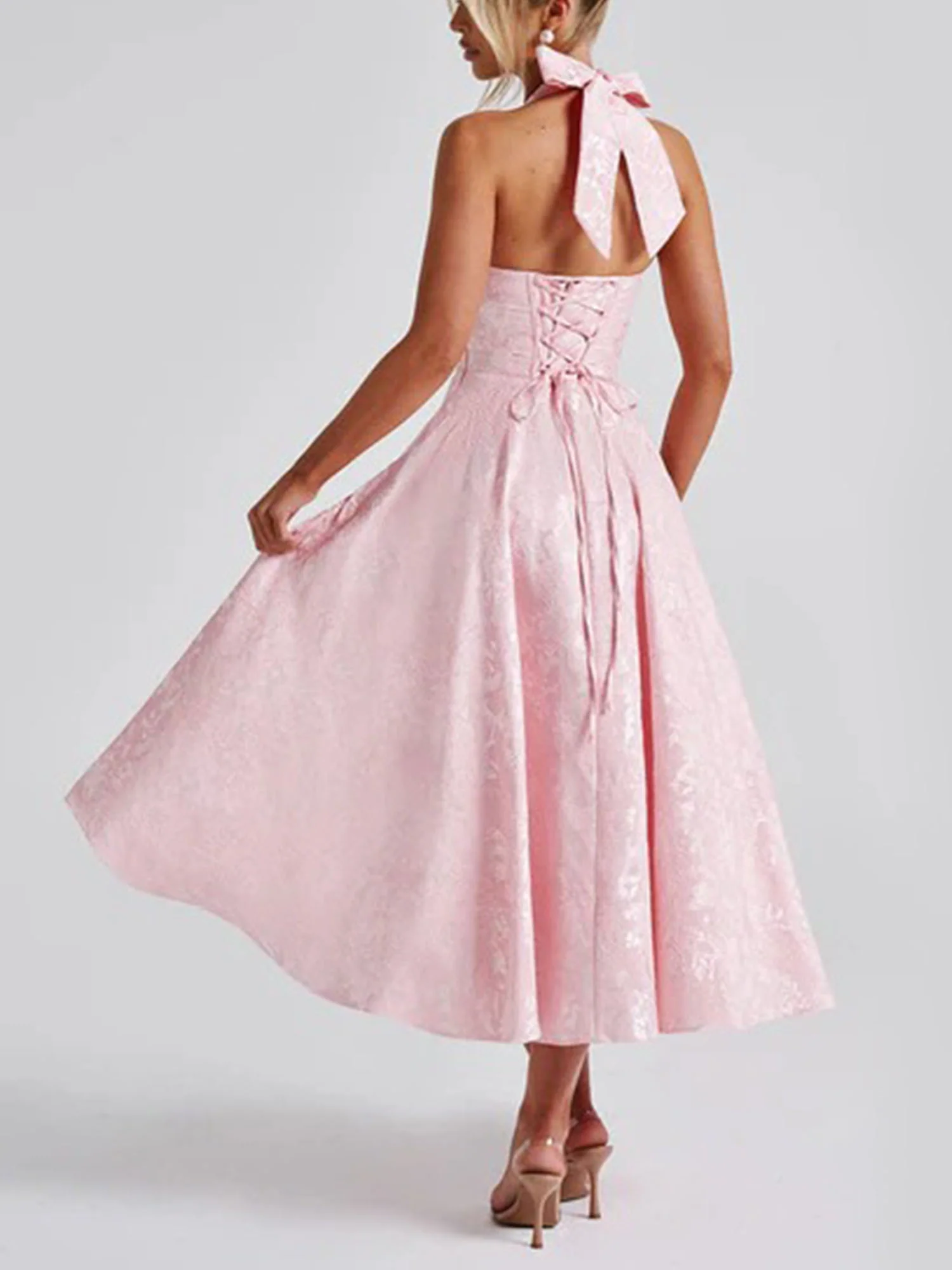 Pink Halter Flared Midi Dress