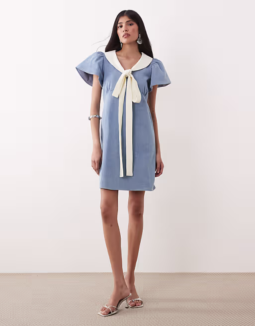 Sister Jane Kasos denim bow detail short sleeve mini dress in light blue