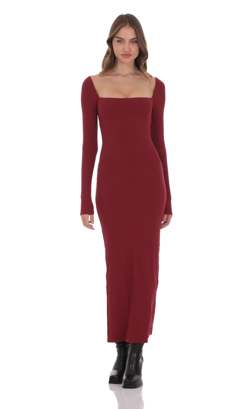 Cinch-Tie Ribbed Maxi Dress in Burgundy