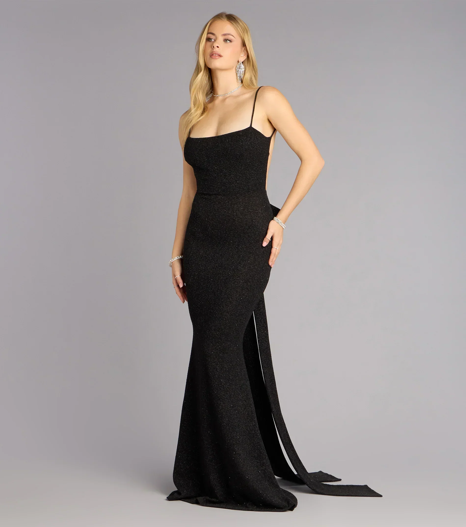 Gwendolyn Glitter Knit Bow-Back Mermaid Dress