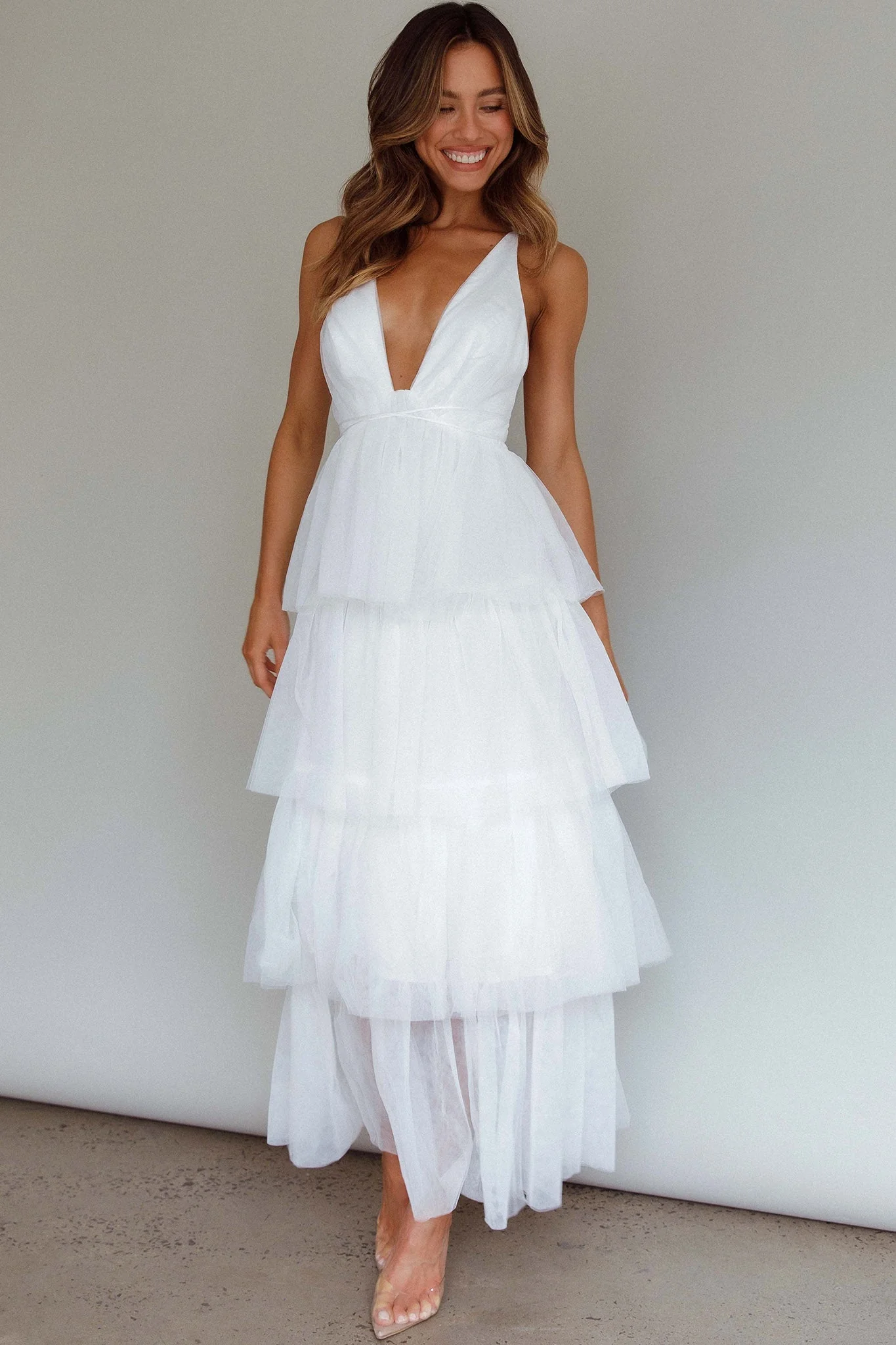 Auguste Tiered Frill Midi Dress White - luluinthesky