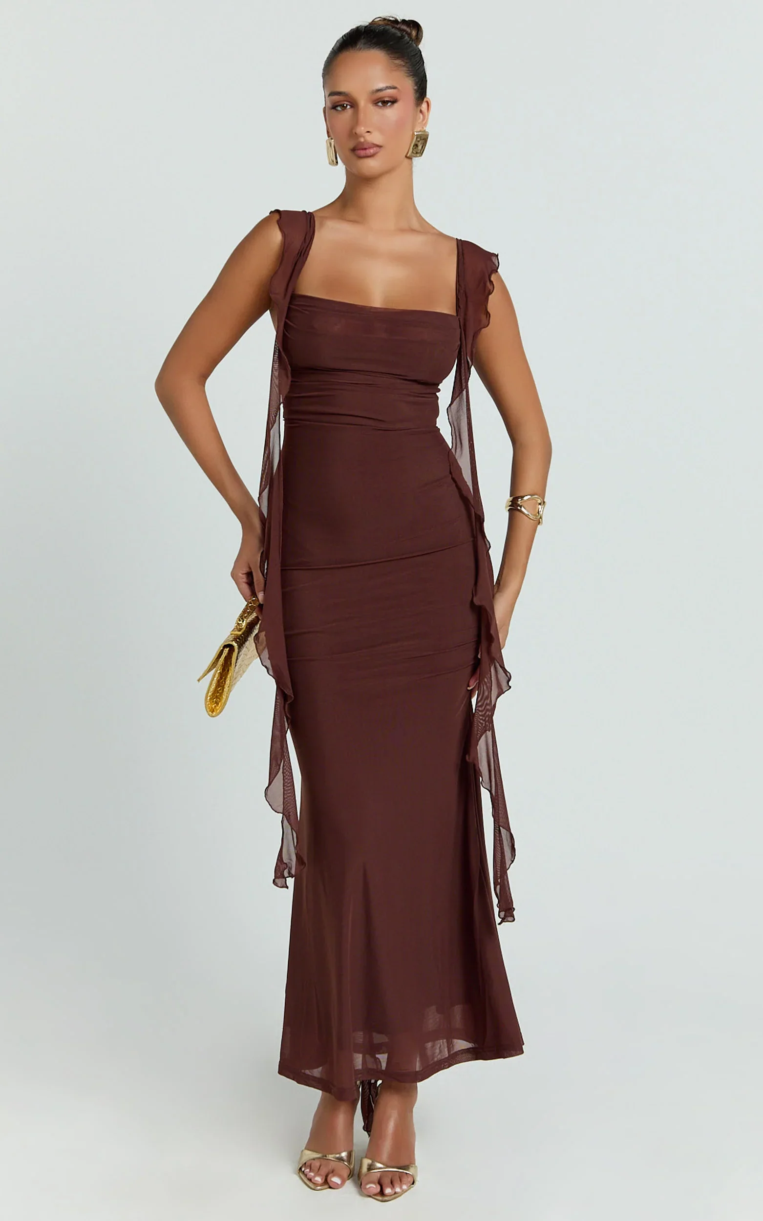 Rosha Midi Dress - Ruffle Strap Dress in Chocolate