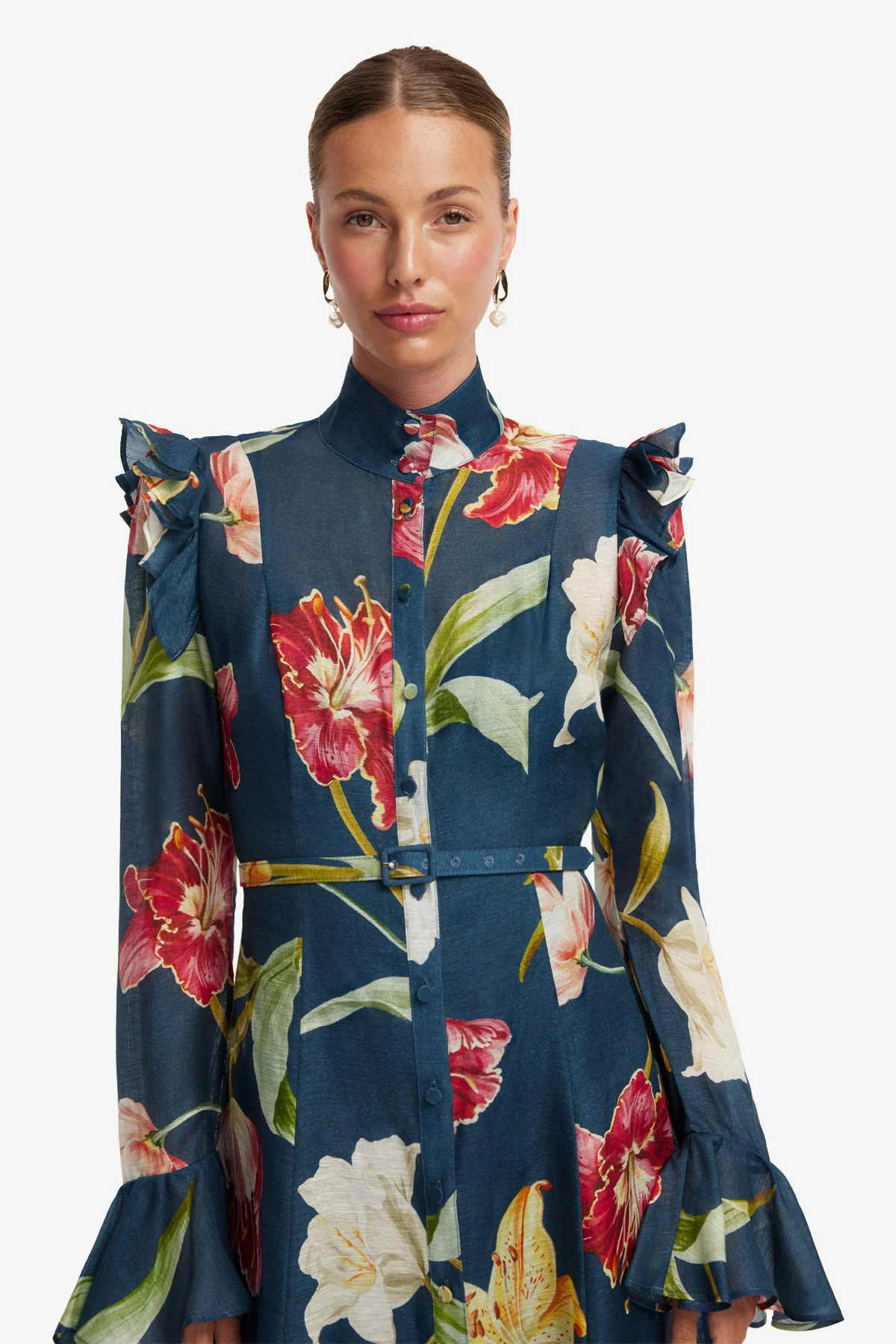 Katrina Butterfly Sleeve Midi Dress - Lily Print in Indigo