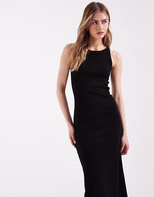 ribbed midi tank dress in black