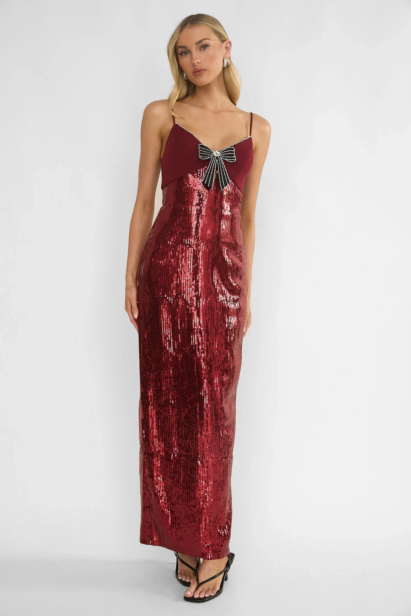 Nolani Sequin Bow & Diamante Maxi Dress Wine