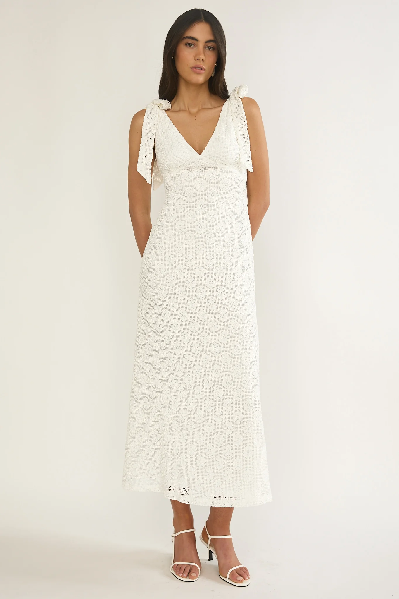 Mykonos Morning Tied Shoulder Maxi Dress Crochet White
