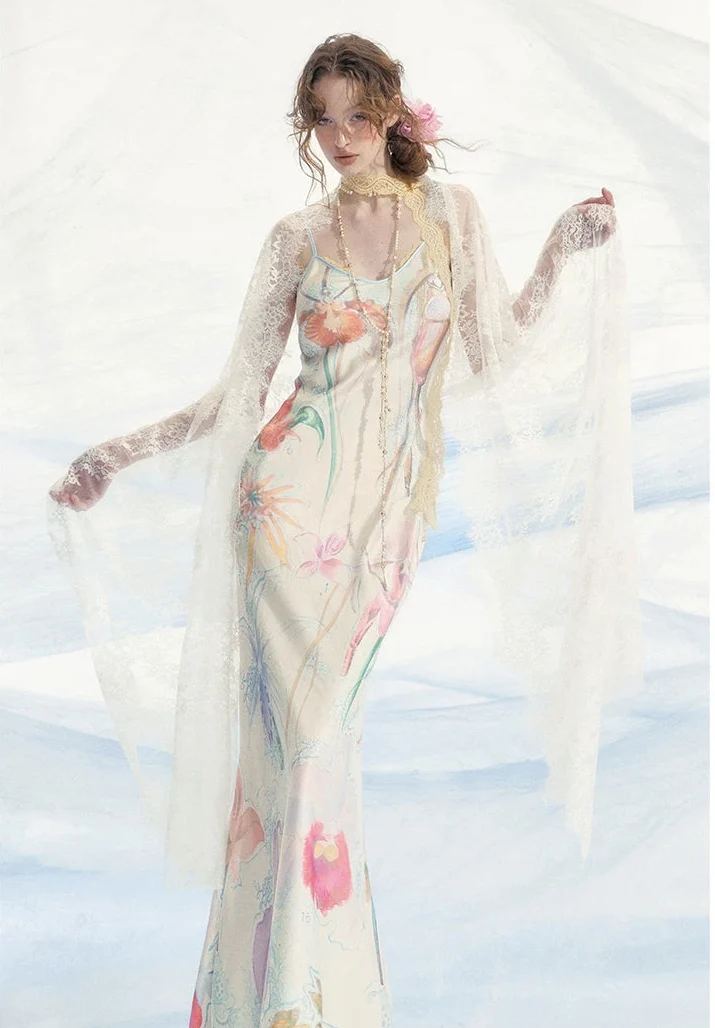 Botanical Print Bias-Cut Camisole Long Dress
