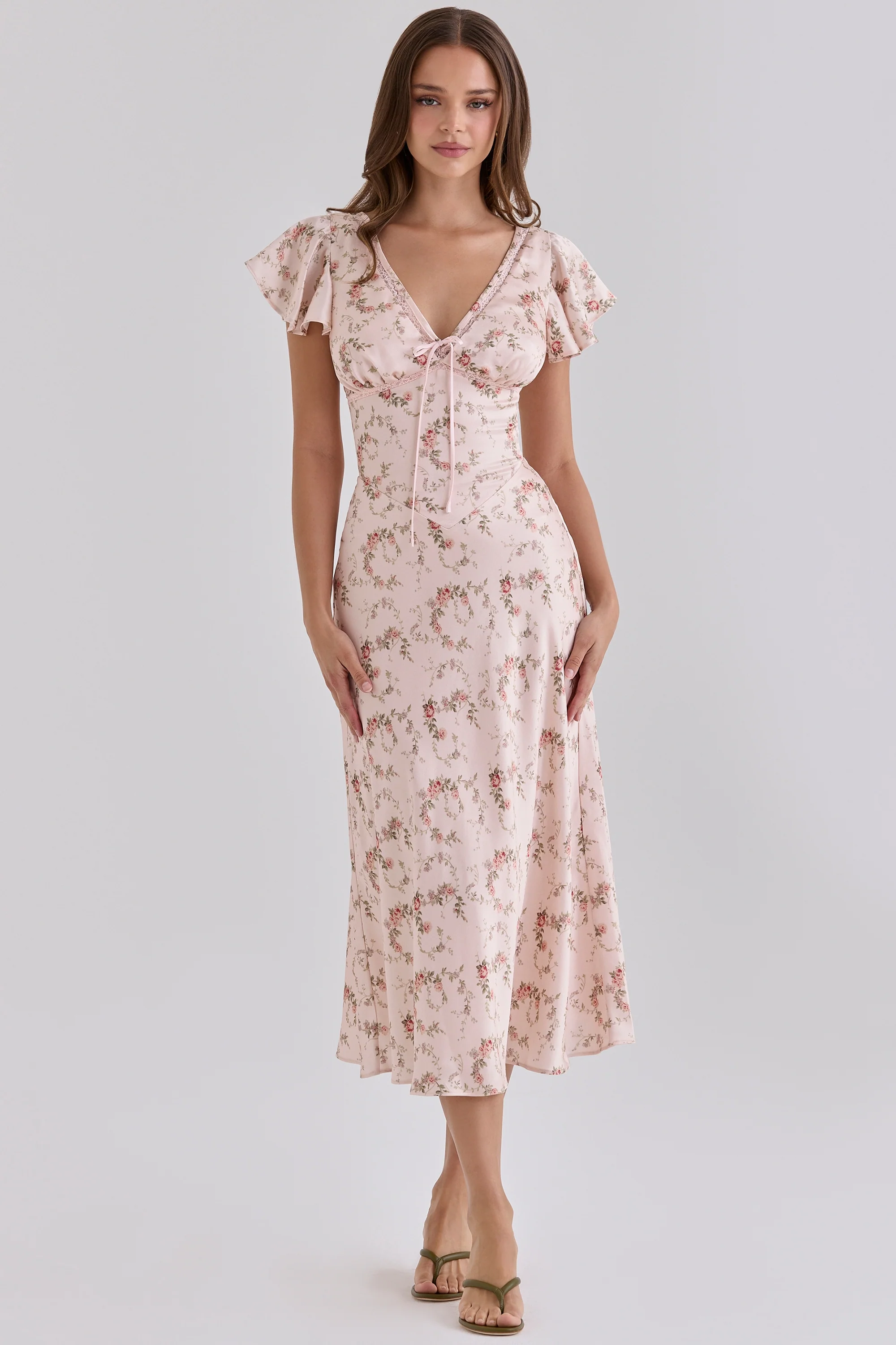Vintage Rose Floral Print Satin V-neck Midi Tea Dress
