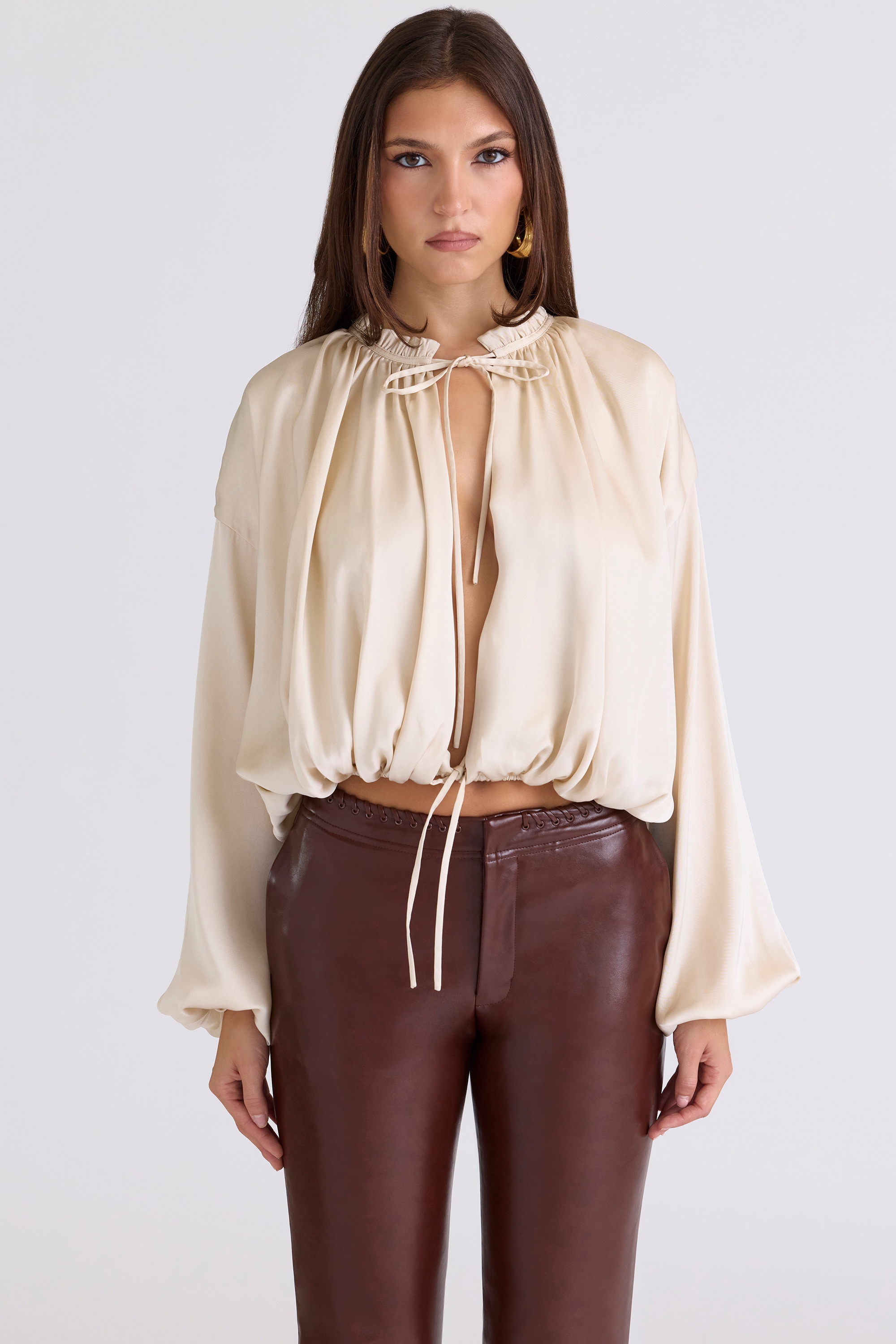 Ecru Satin Open Front Blouse