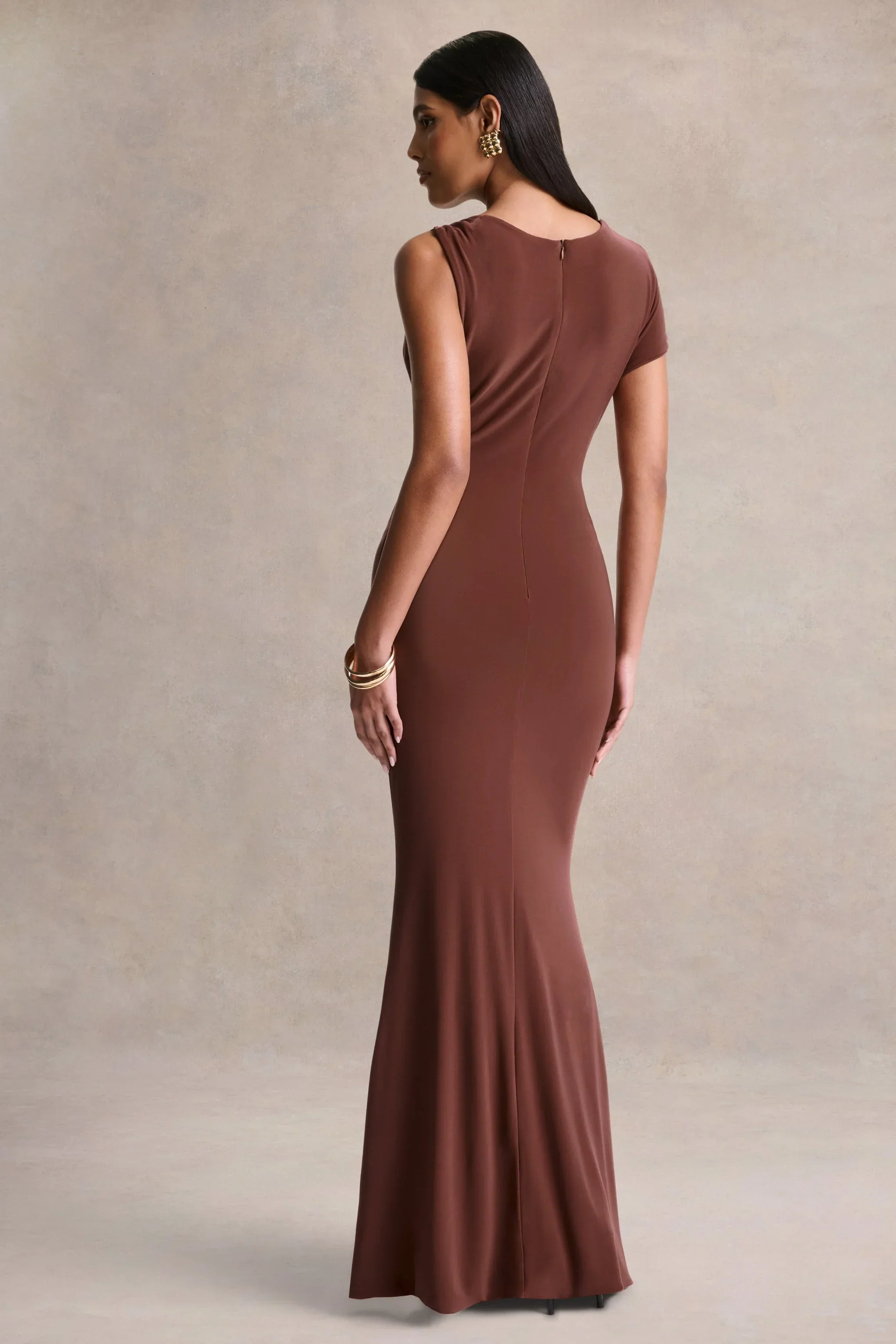 Blaire | Brown Asymmetric-Neck Maxi Dress With Gold-Detailing