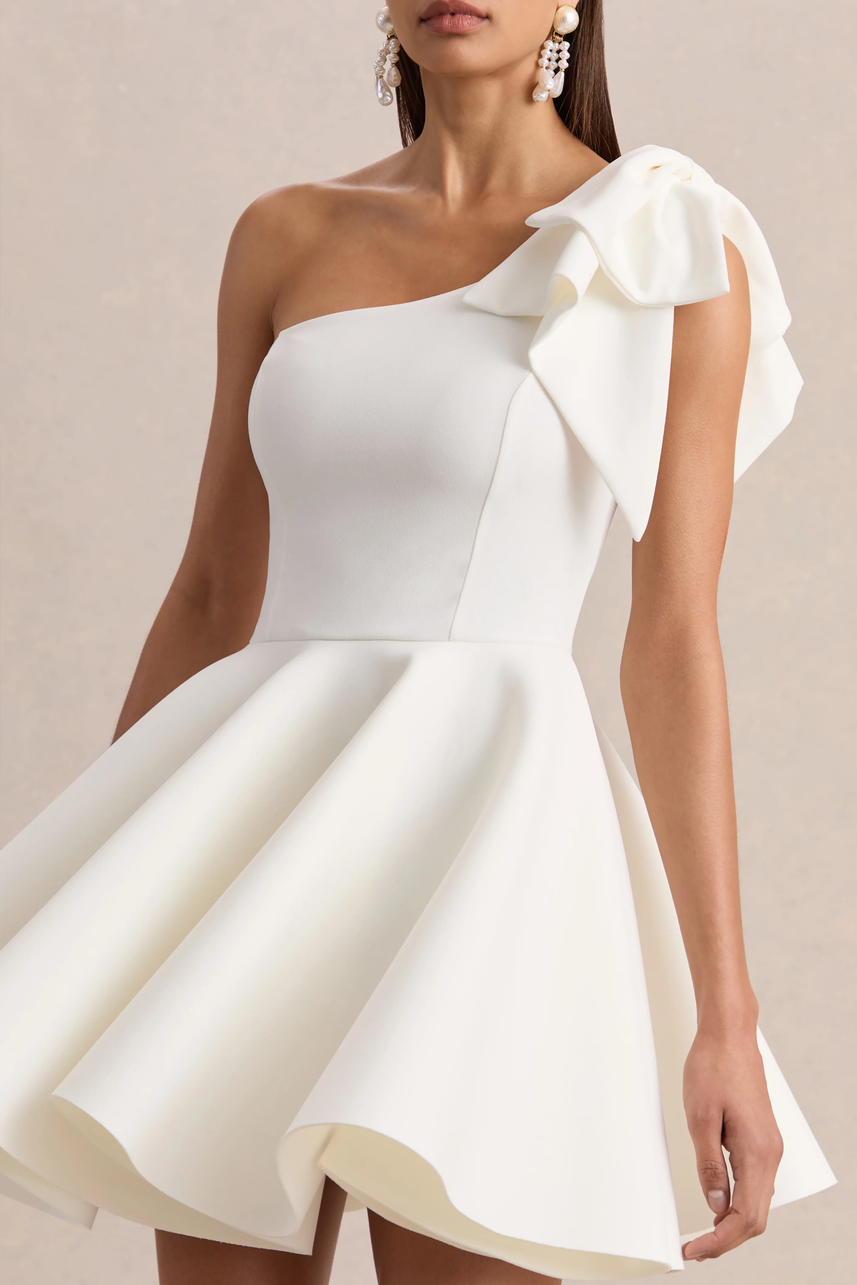 Prosperity | White Asymmetric-Neck Mini Dress With Bow Detail