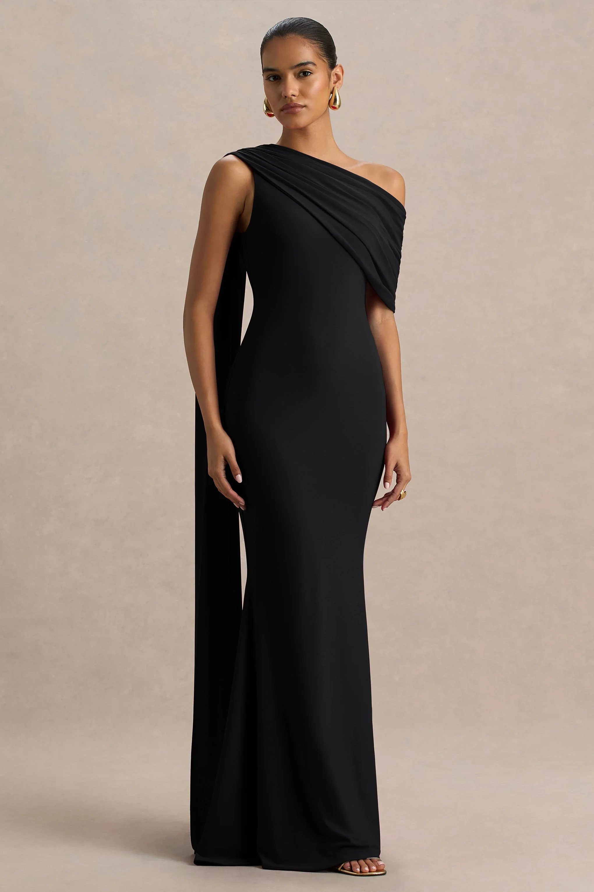 Zendaya | Black Asymmetric-Neck Fishtail Maxi Dress With Cape Detail