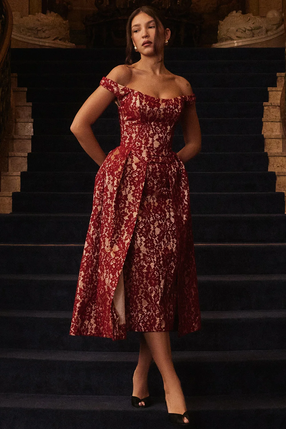 Gold And Berry Lace Midi Off Shoulder Dress