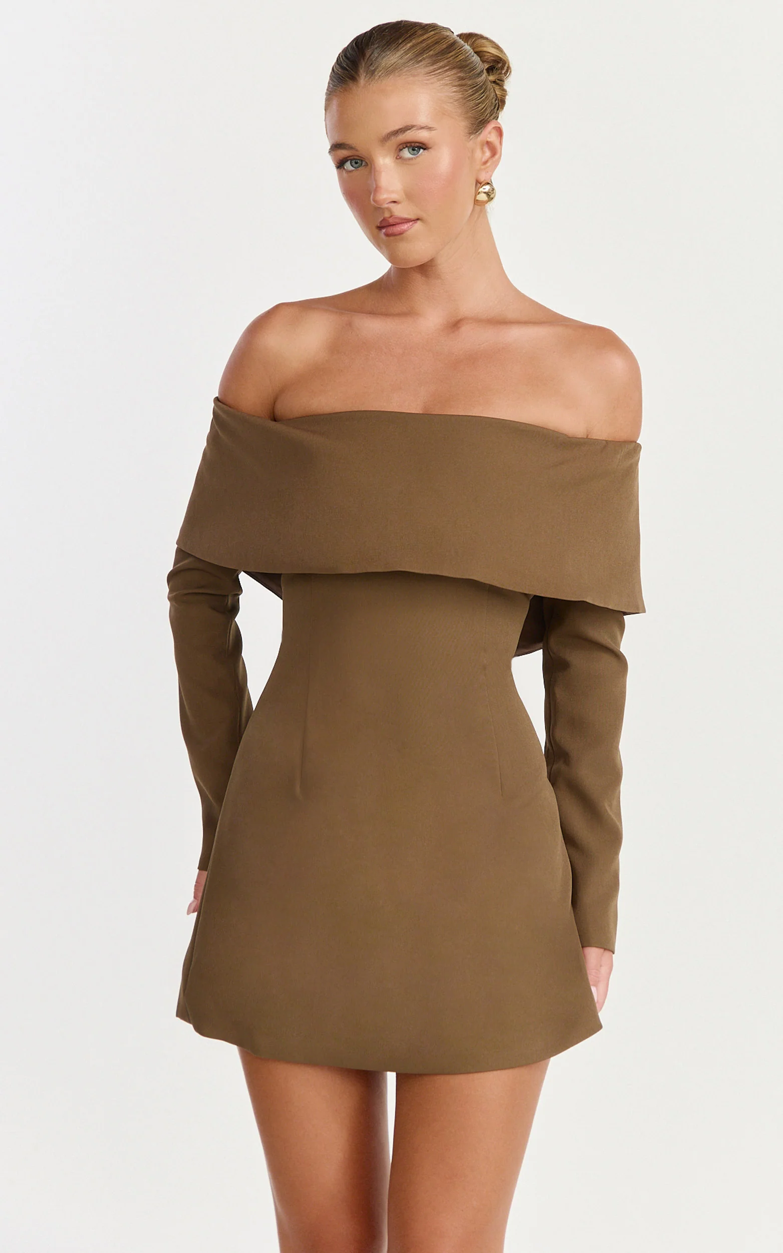 Marigold Mini Dress - Off Shoulder Long Sleeve Dress in Mocha