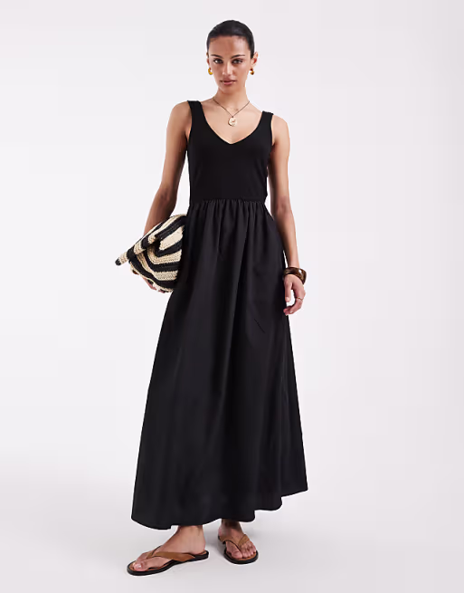 Vero Moda jersey and poplin mix sleeveless maxi dress in black