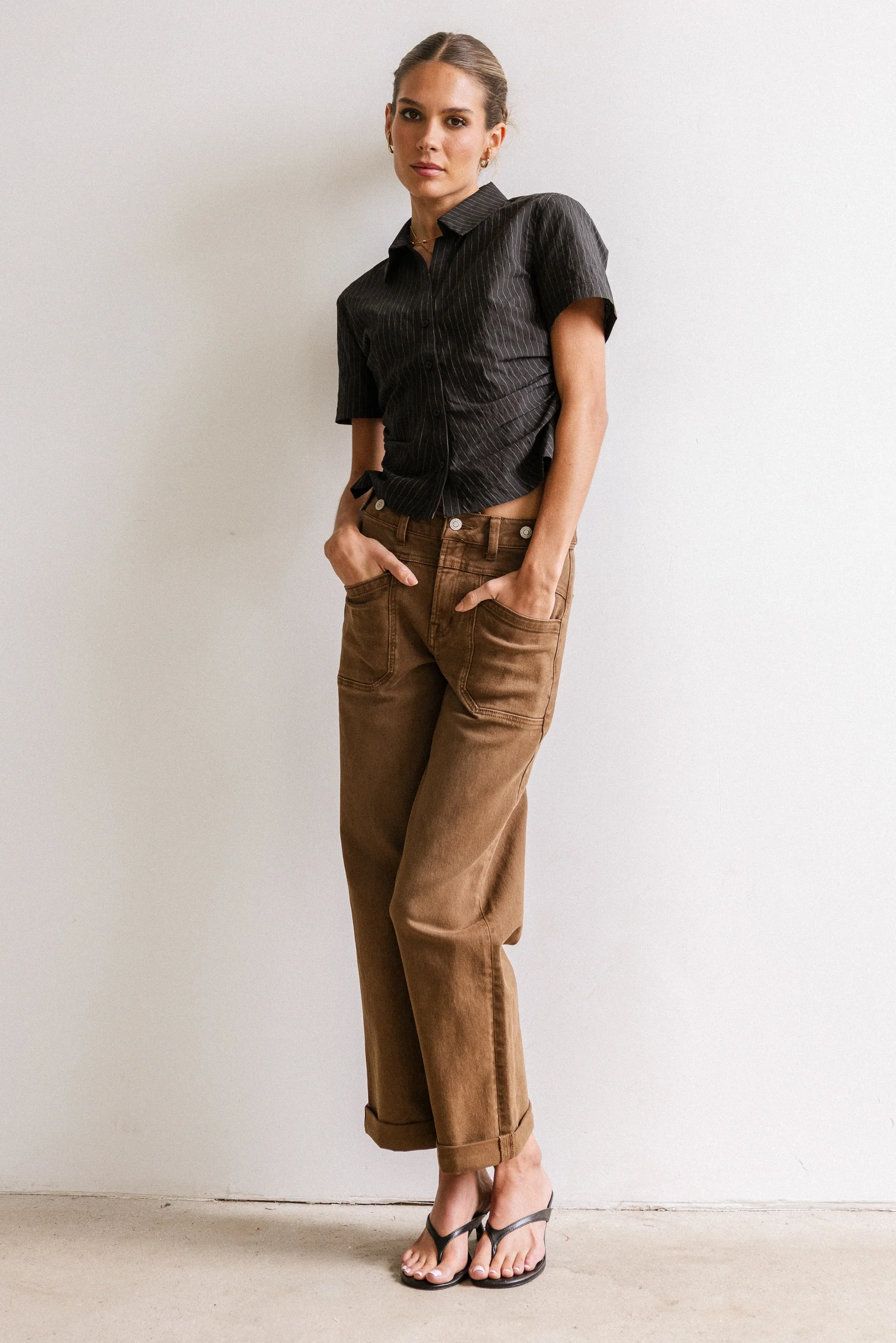 Brandy Ruched Button Up in Black