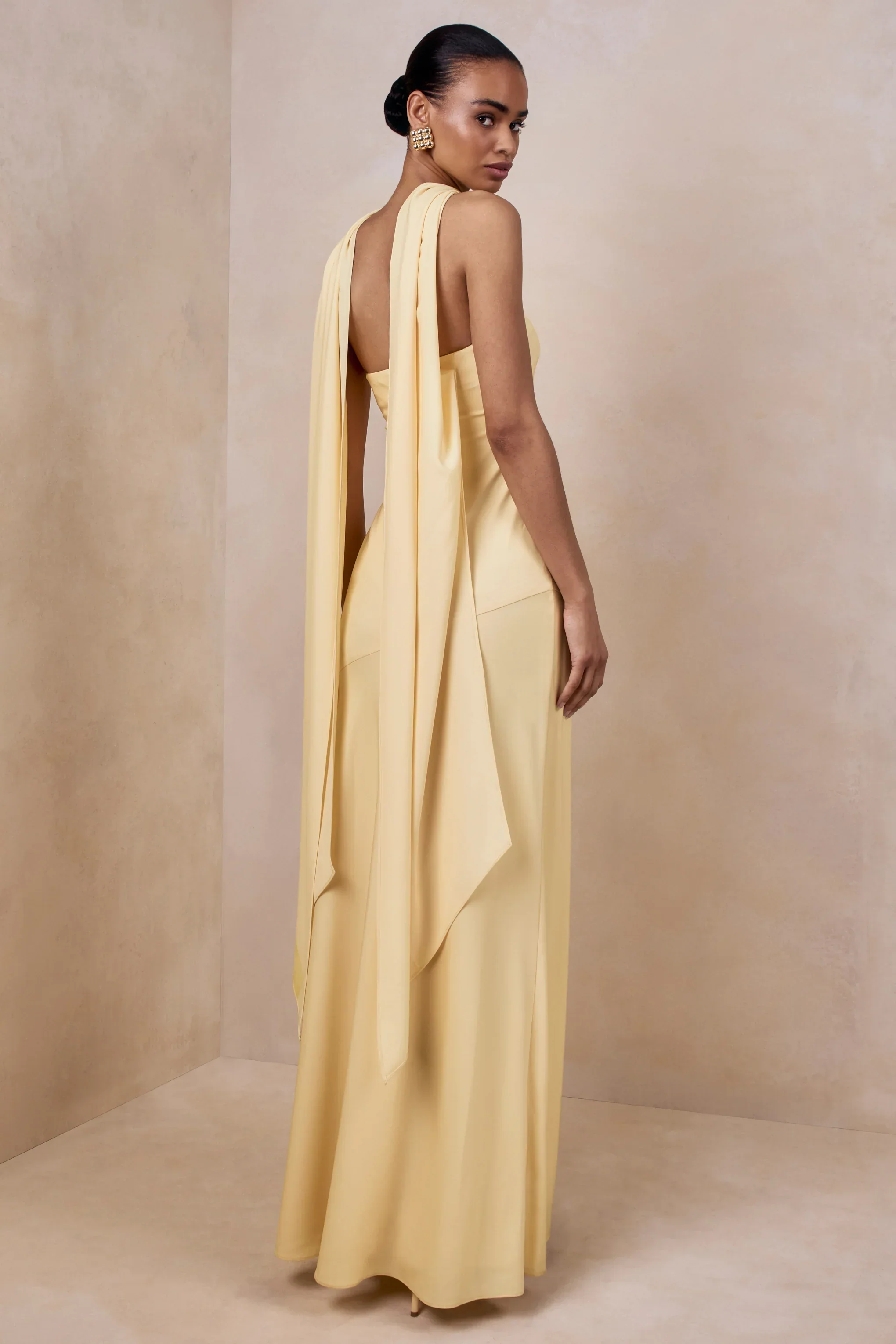 Charly | Lemon Satin Bandeau Maxi Dress With Scarf-Detail