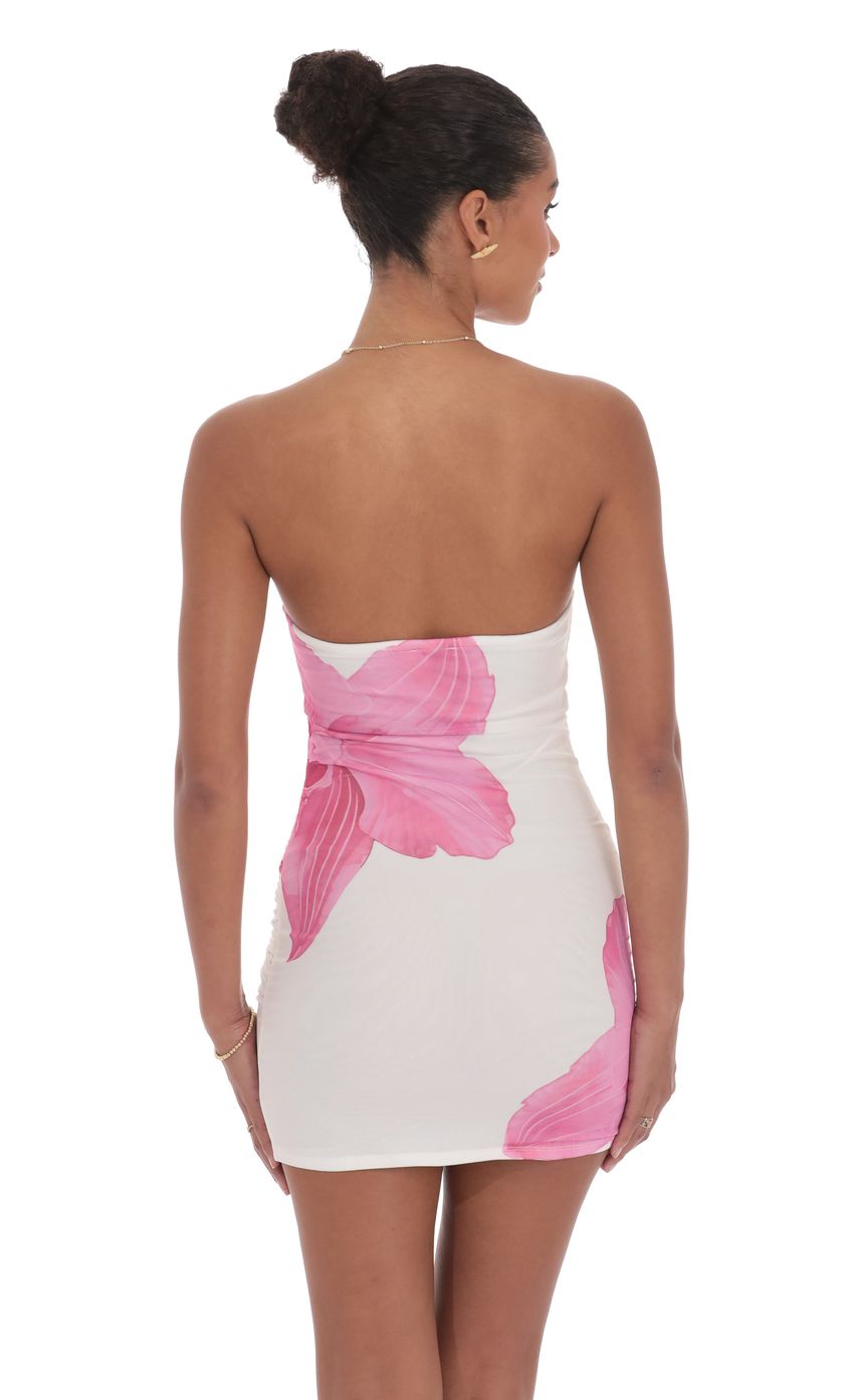 Floral Mesh Strapless Bodycon Dress in White