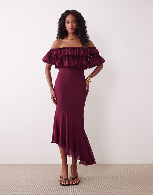 lace mix bardot off shoulder ruffle midi dress in burgundy