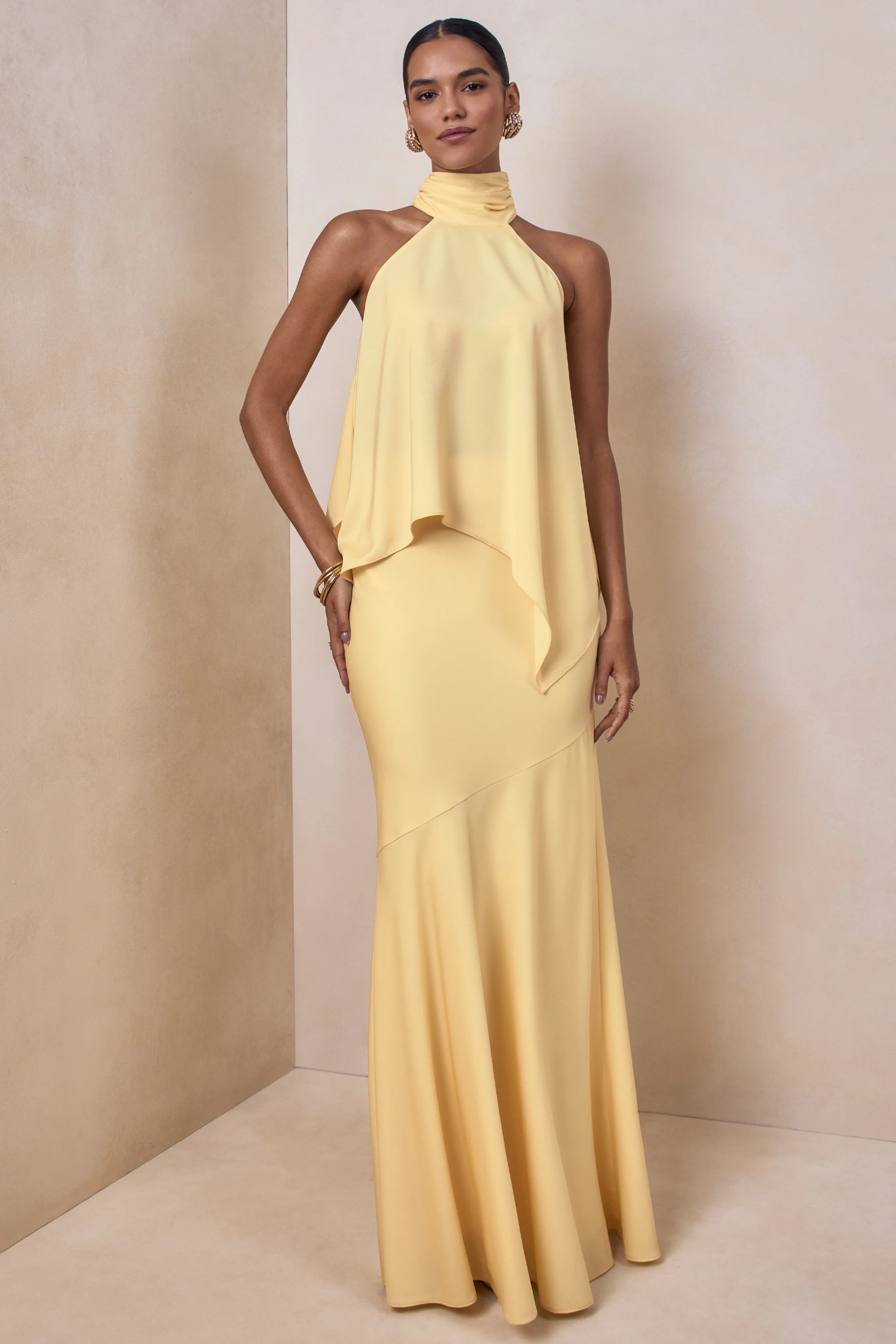 Vayla | Lemon Matte Satin Asymmetric Drop-Waist Maxi Skirt