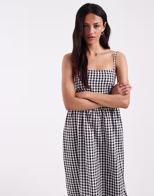 PIECES seersucker cami maxi dress in black and white gingham print
