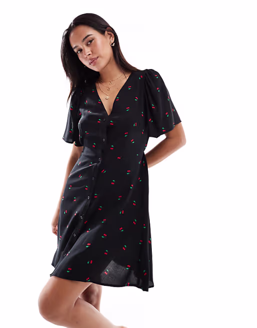 Vero Moda button up mini skater dress with cherry print in black