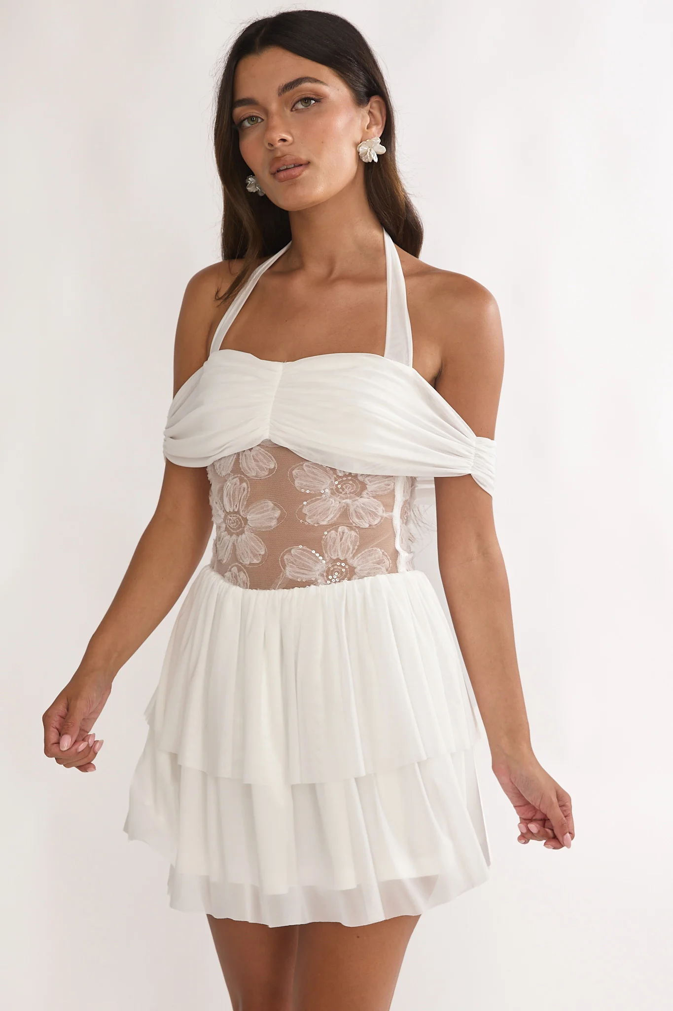 Esmara Mesh Waist Halter Mini Dress White - luluinthesky