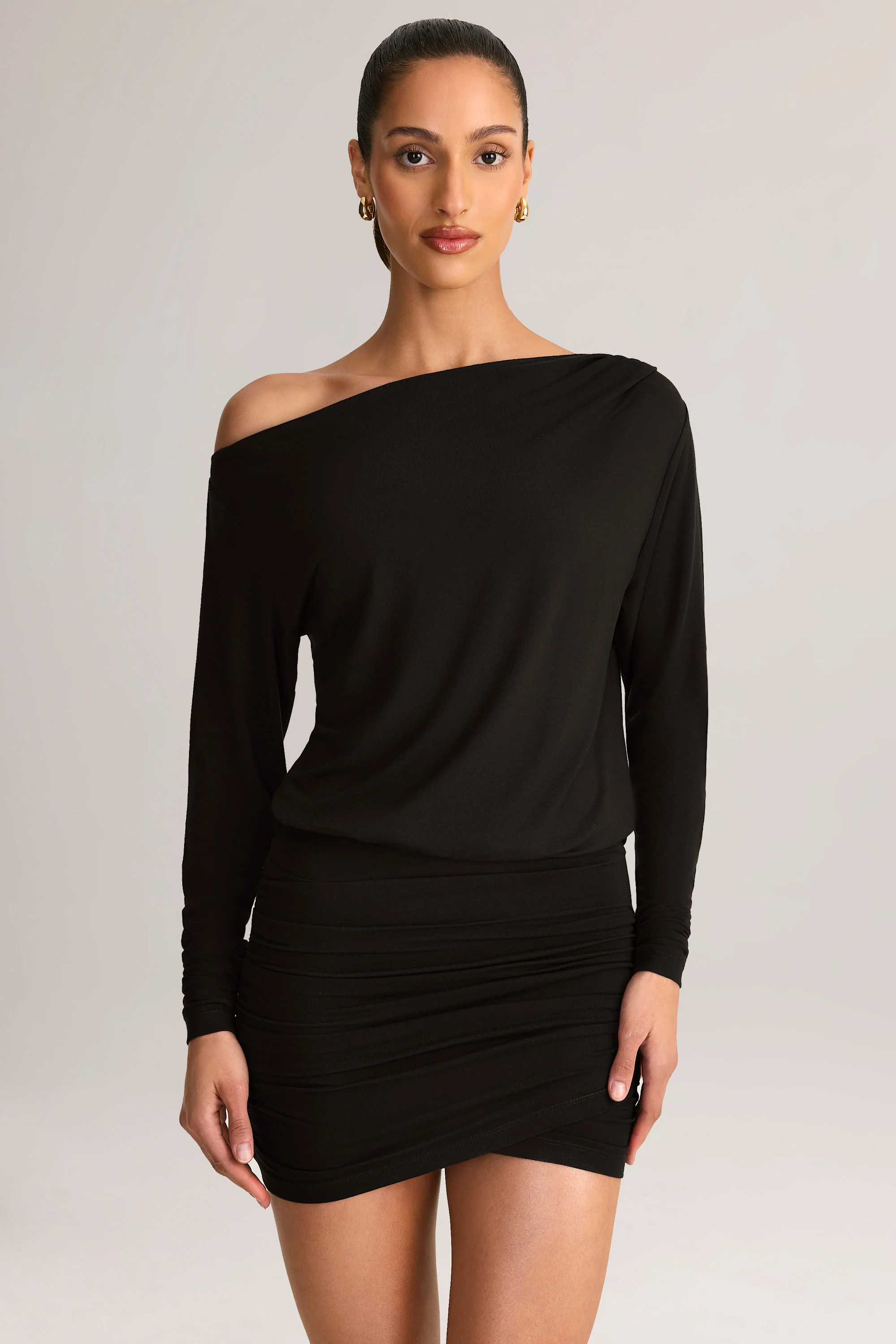 Modal Off-Shoulder Wrap Mini Dress in Black