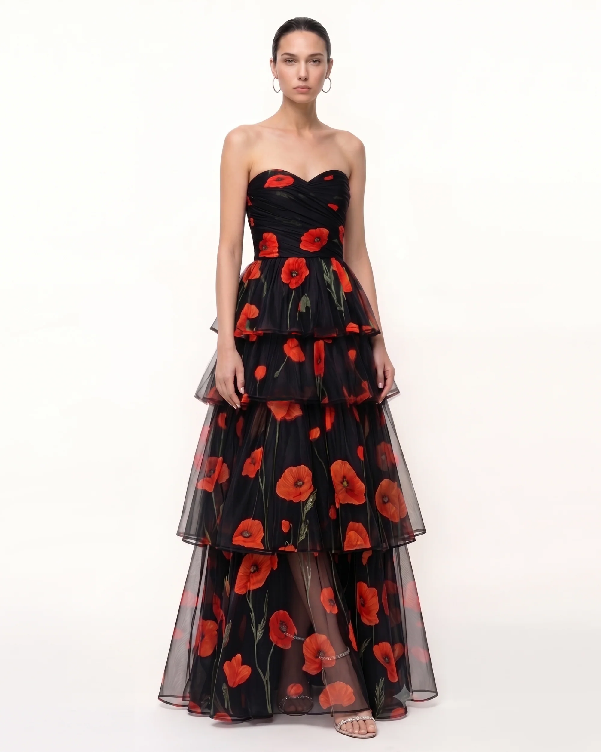 Printed Corn Poppy Tiered Tulle Strapless Maxi Dress - Black