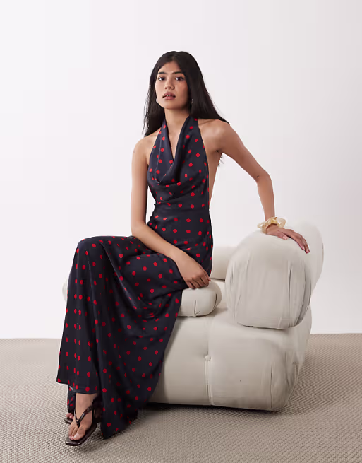 WeWoreWhat cowl halter neck maxi dress in polka-dot navy