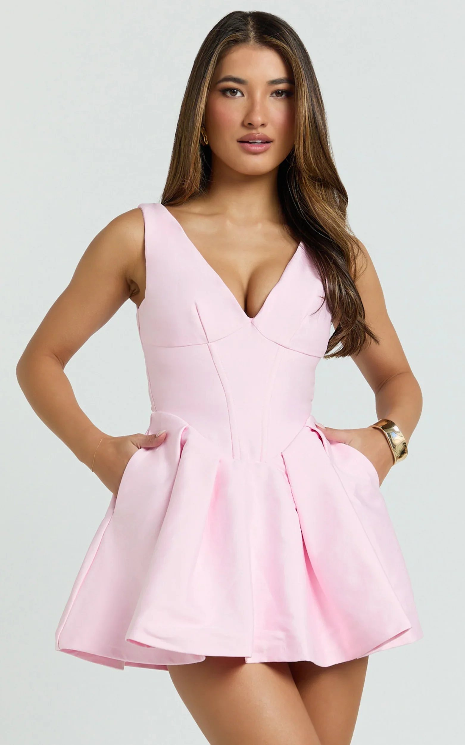 Yara Mini Dress - Plunge Corset Front V Waist Fit And Flare Dress in Pink