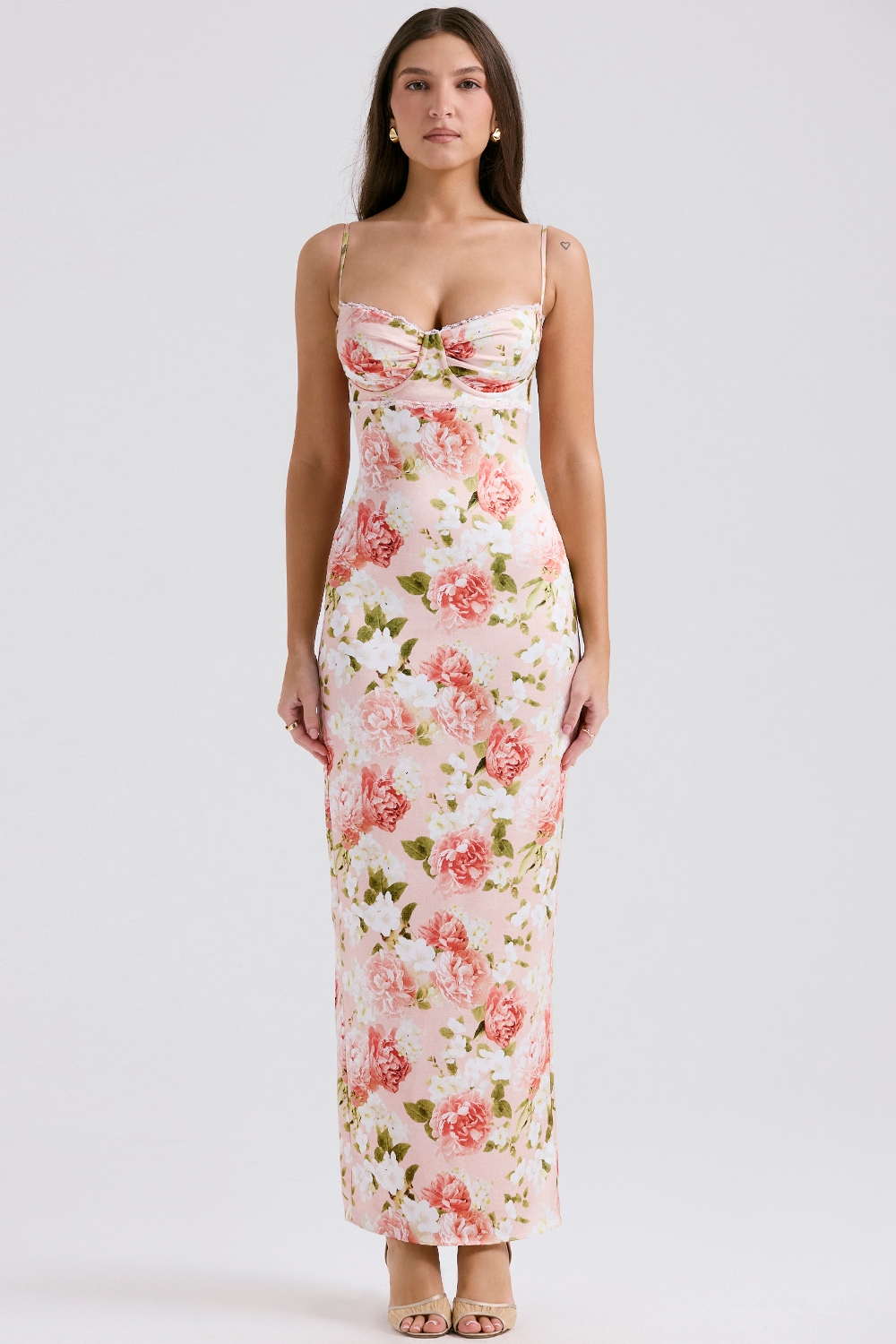 Pink Peony Print Satin Maxi Dress