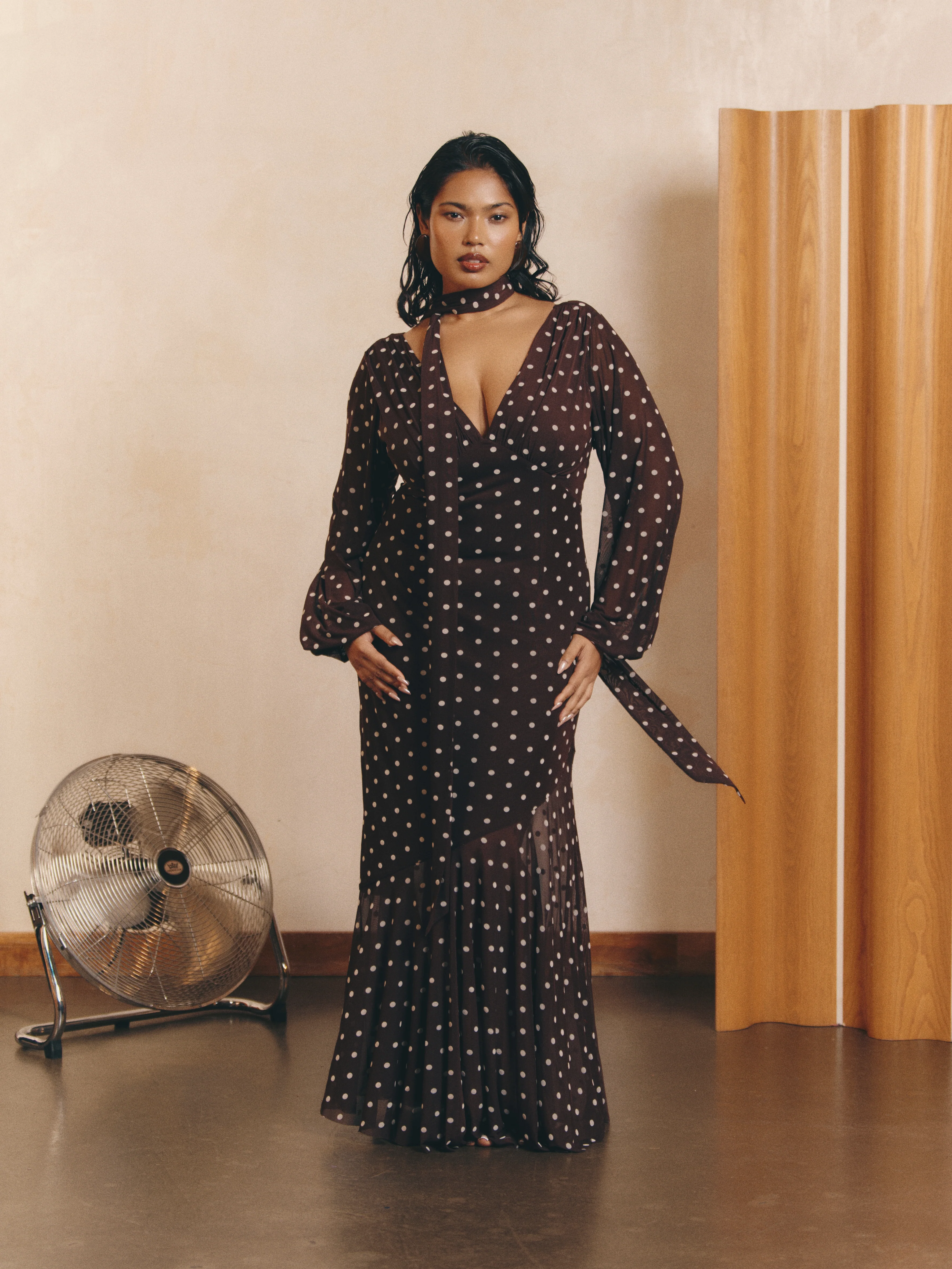 Petula Scarf Mesh Maxi Dress - Brown and Cream Polkadot
