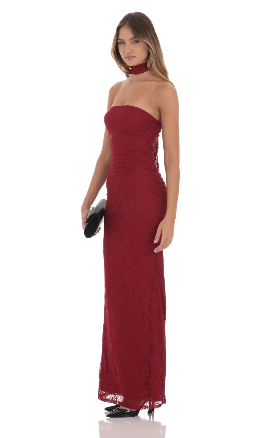 Scarf Lace Maxi Dress in Maroon