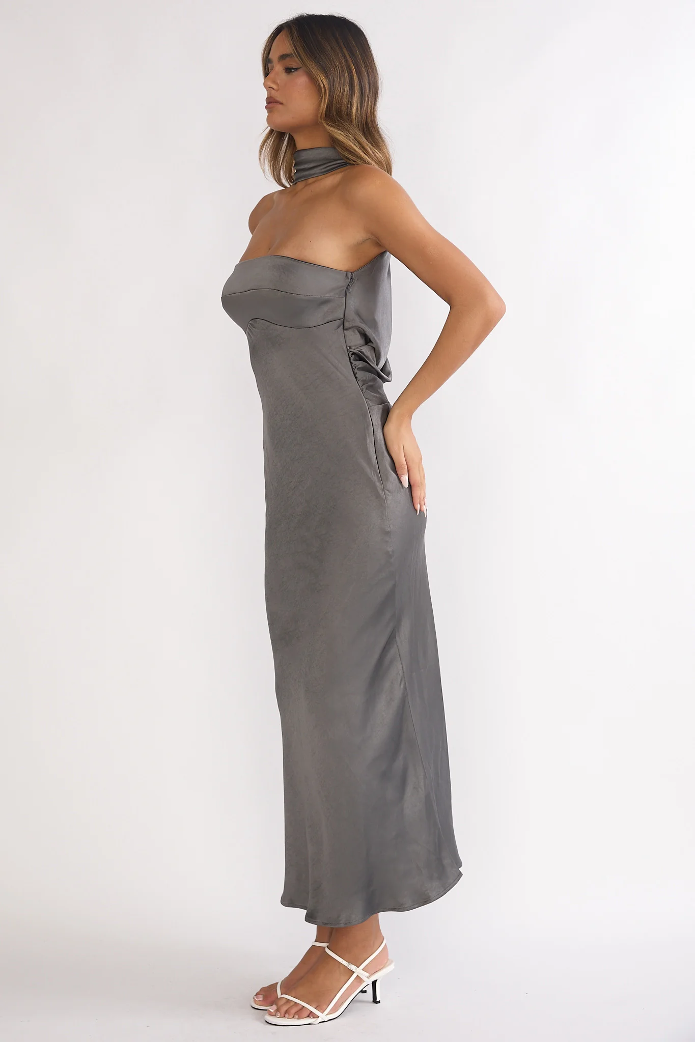 Damsel Reverse Halter Maxi Dress Satin Charcoal