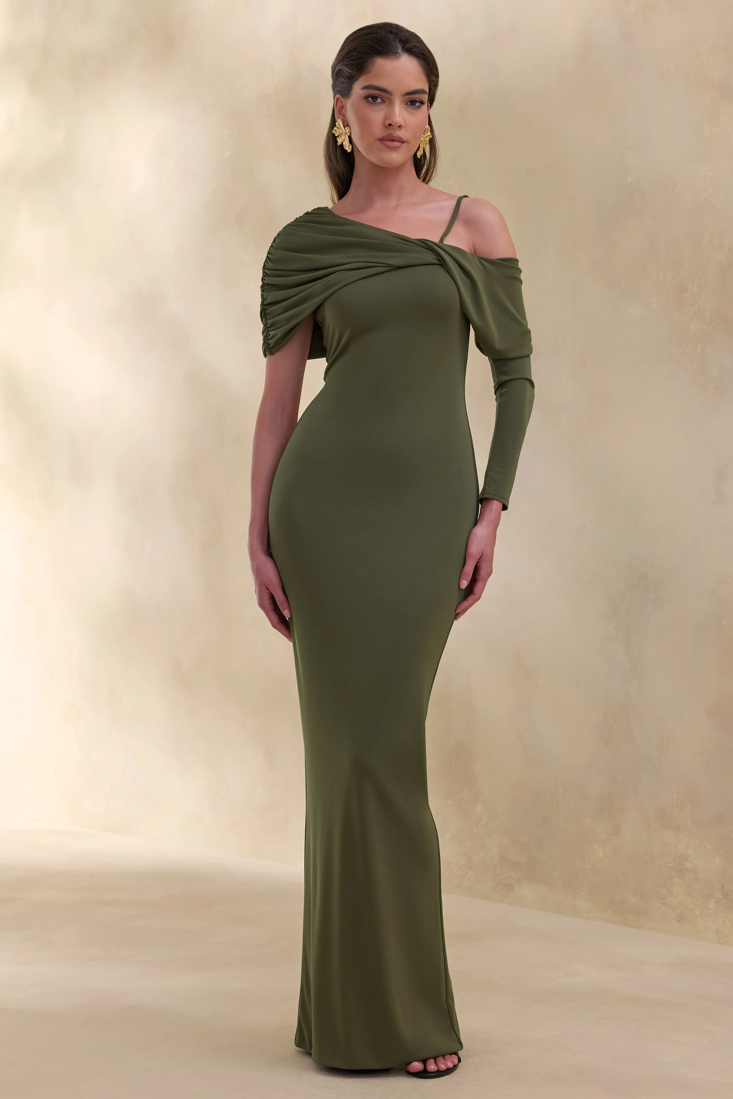 Silvaria | Olive Twisted Asymmetric-Neck Maxi Dress