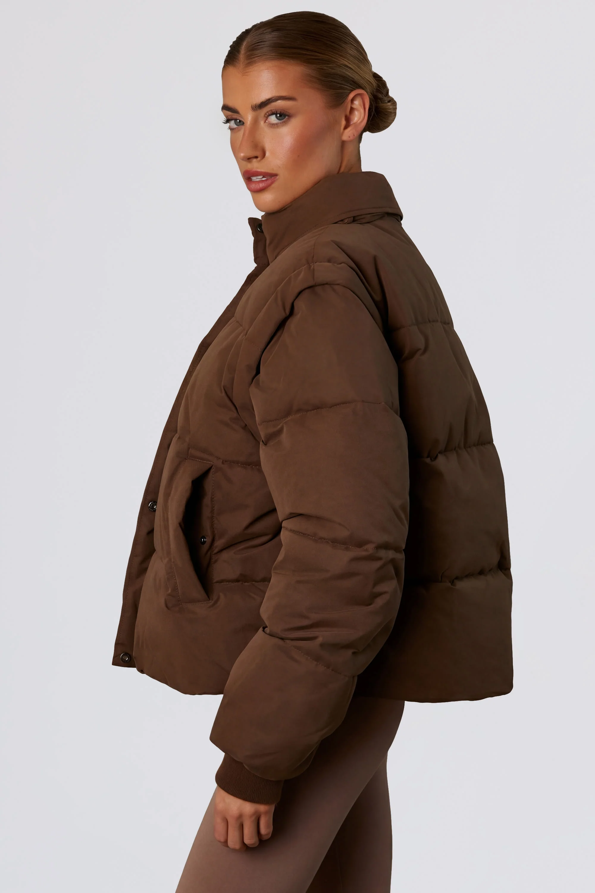 Cropped Puffer Jacket with Detachable Sleeves in Cocoa Brown