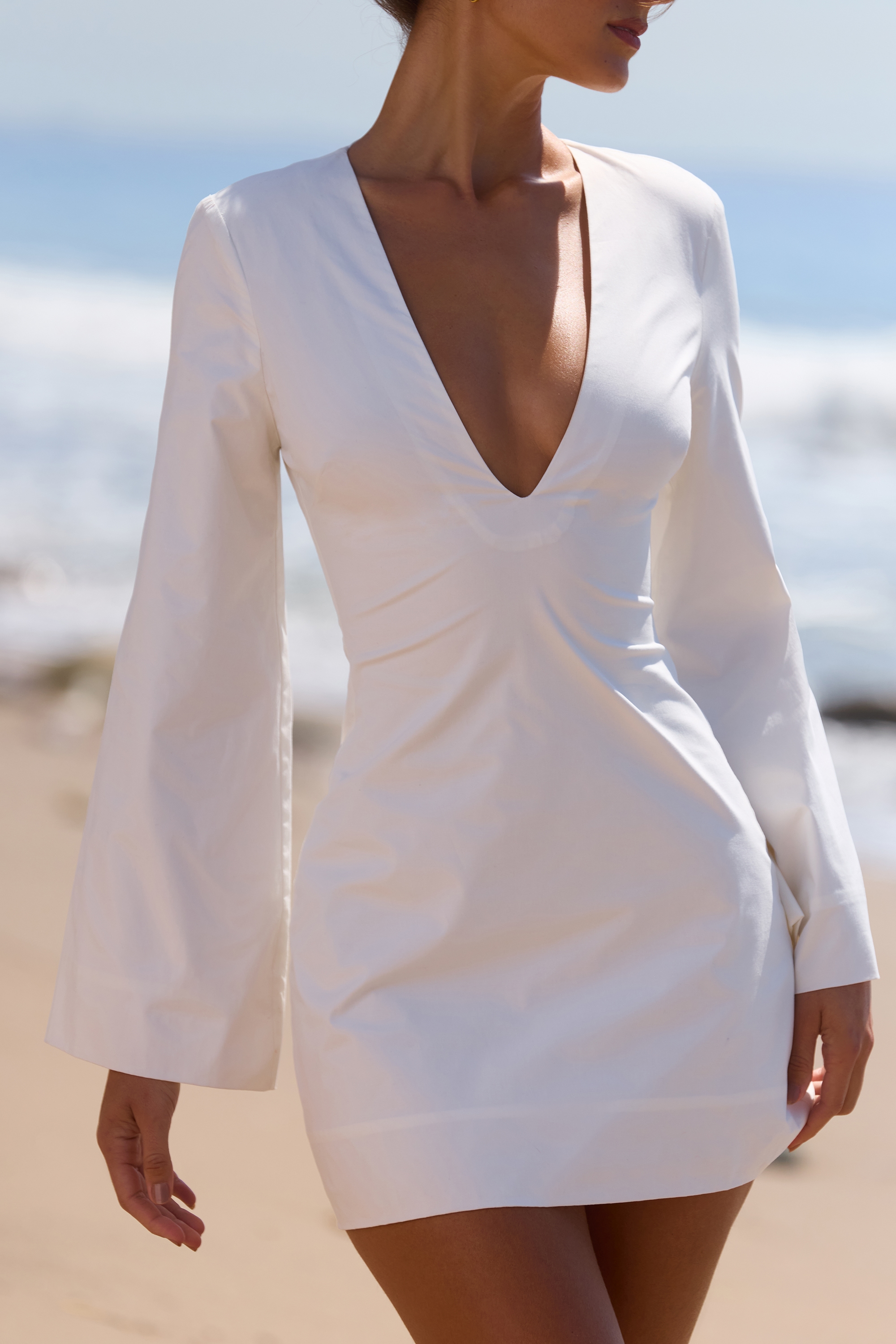 White Bell Sleeve Cotton Mini Dress