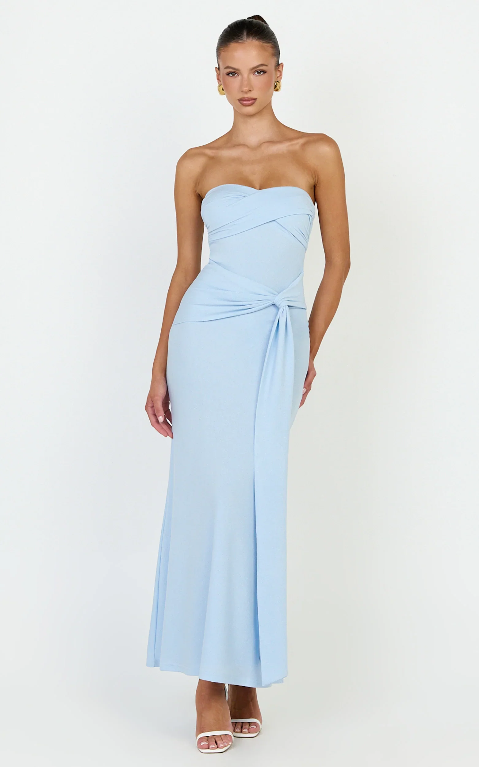 Aria Midi Dress - Strapless Tie Waist Dress in Light Blue