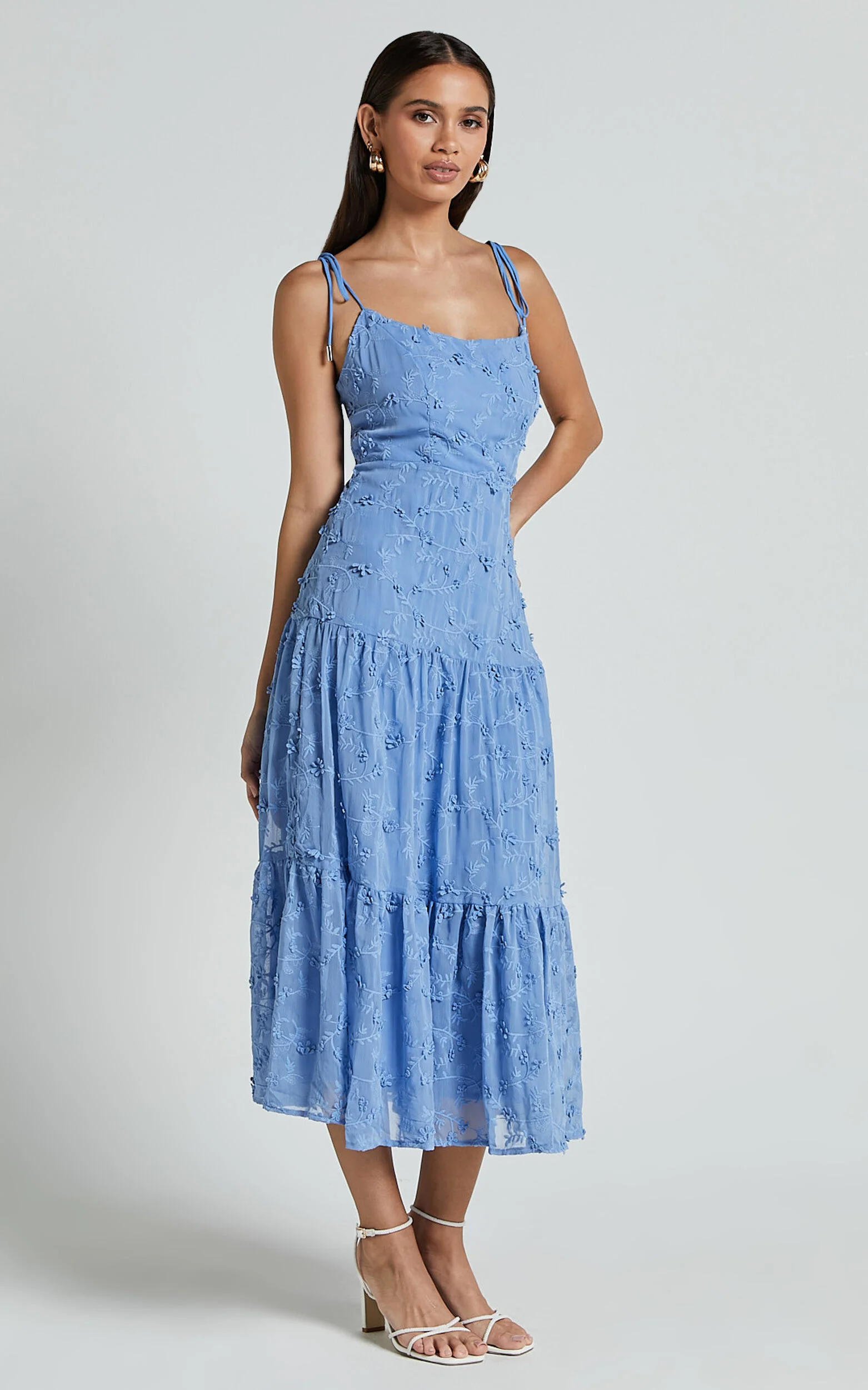 Francesca Midi Dress - Tie Shoulder Tiered Embroided Dress in Cornflower Blue
