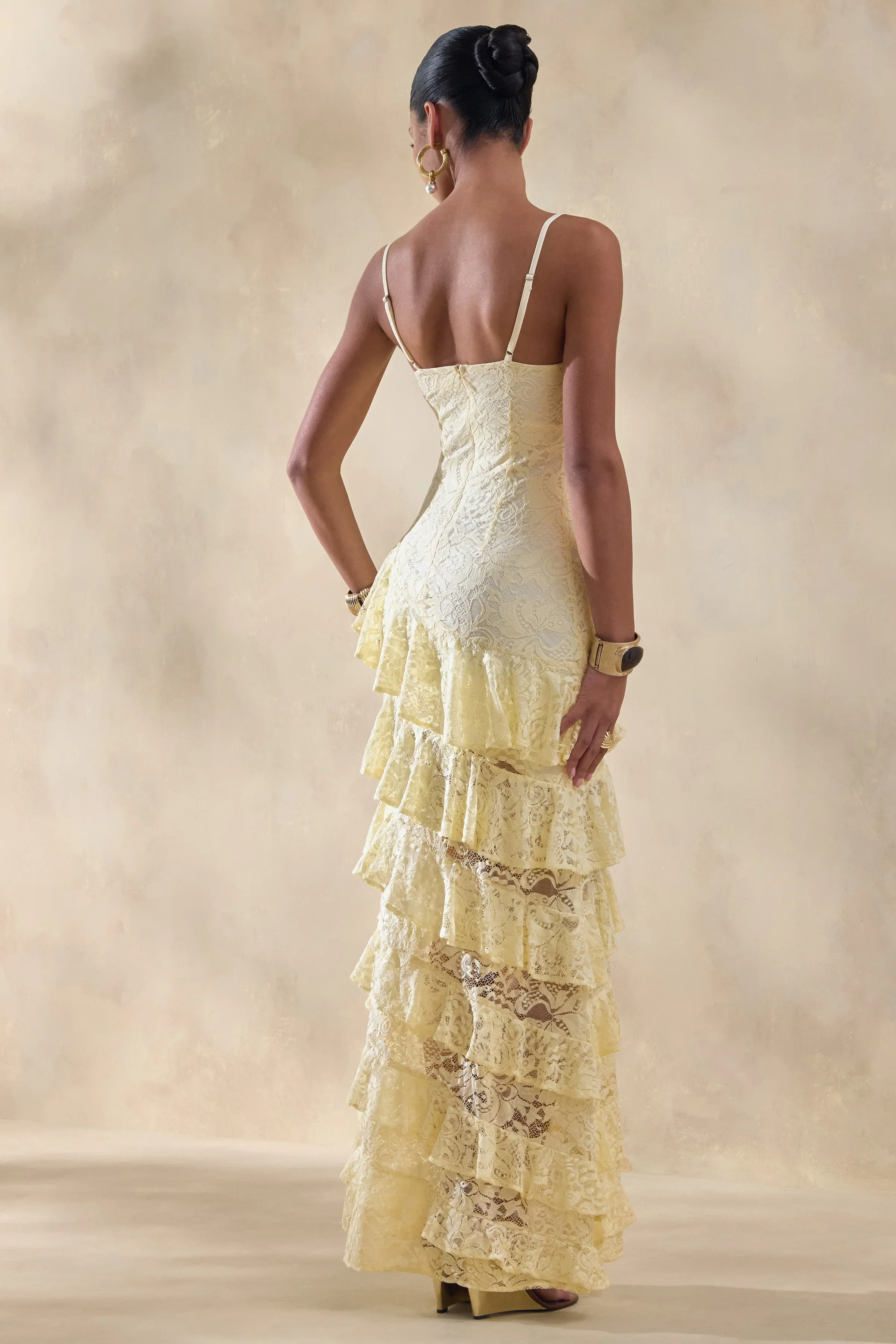 Avelisse | Lemon Lace Plunge-Neck Maxi Dress With Ruffled Detailing