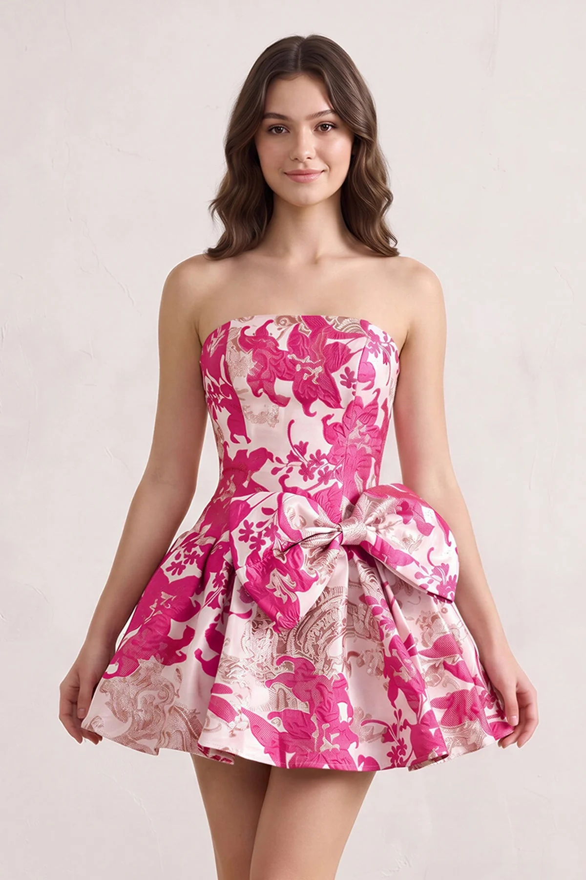 Fuchsia Strapless Jacquard A-Line Homecoming Dress with Bowknot