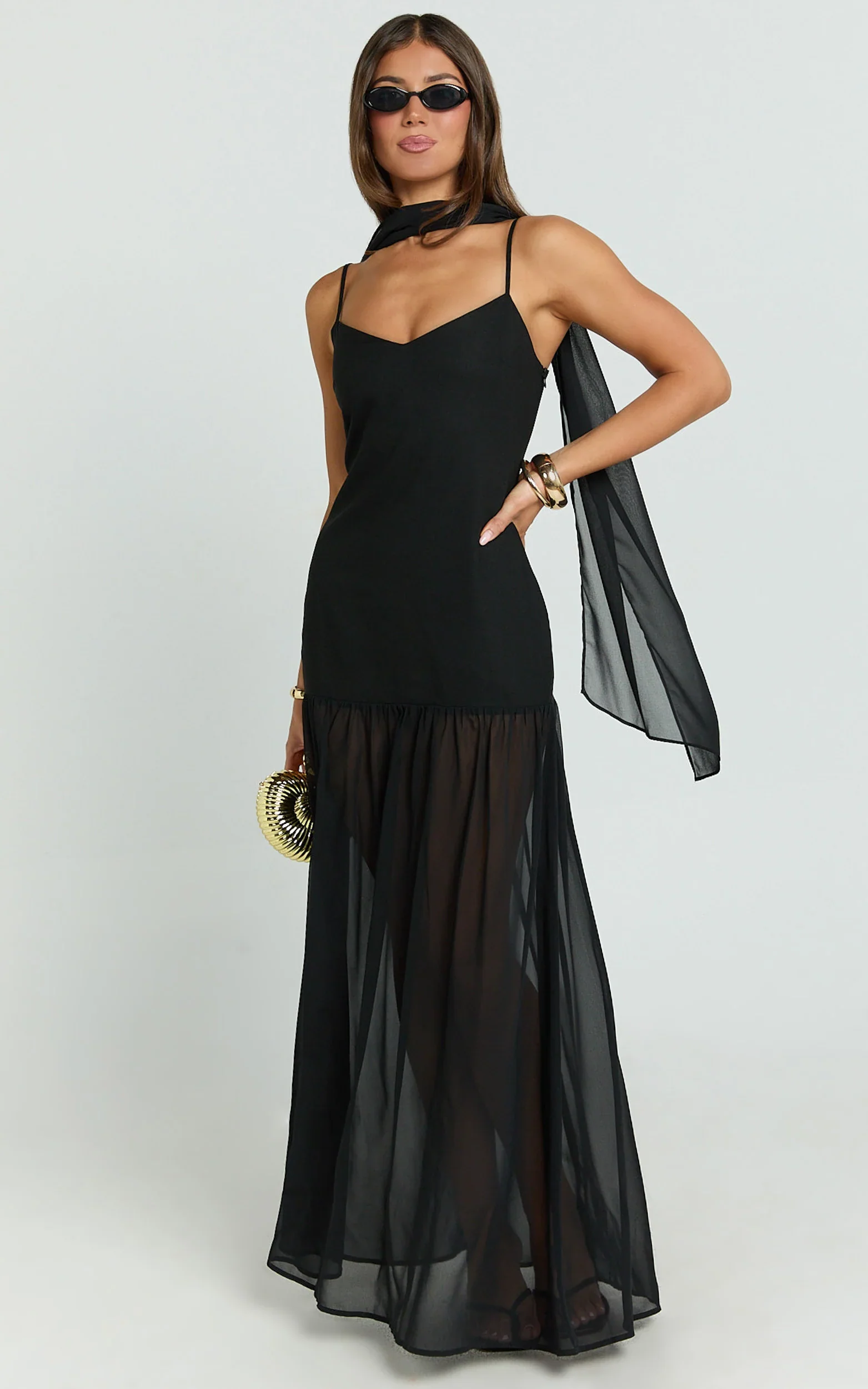 Calvin Maxi Dress - Linen Look Contrast Georgette Skirt with Neck Scarf in Black