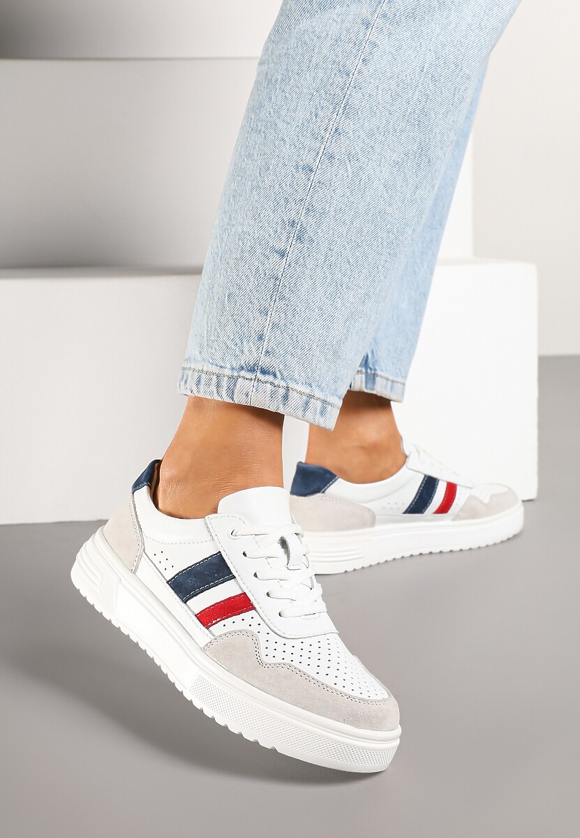 Biało-Szare Płaskie Sneakersy ze Skóry Naturalnej Ozdobione Paskami i Perforacją Floriwa