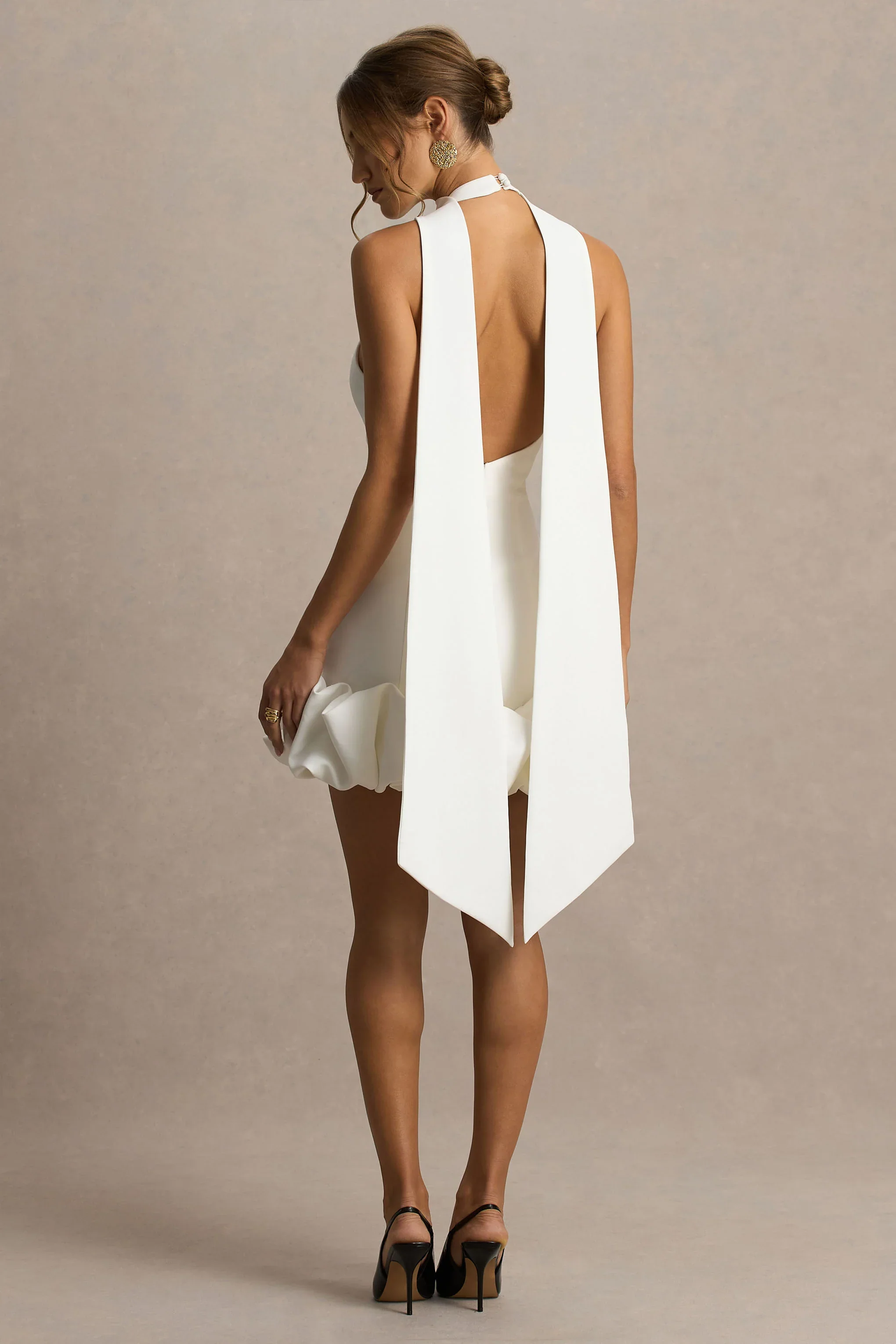 Geneve | White Halter-Neck Mini Dress With Ruffled Trim
