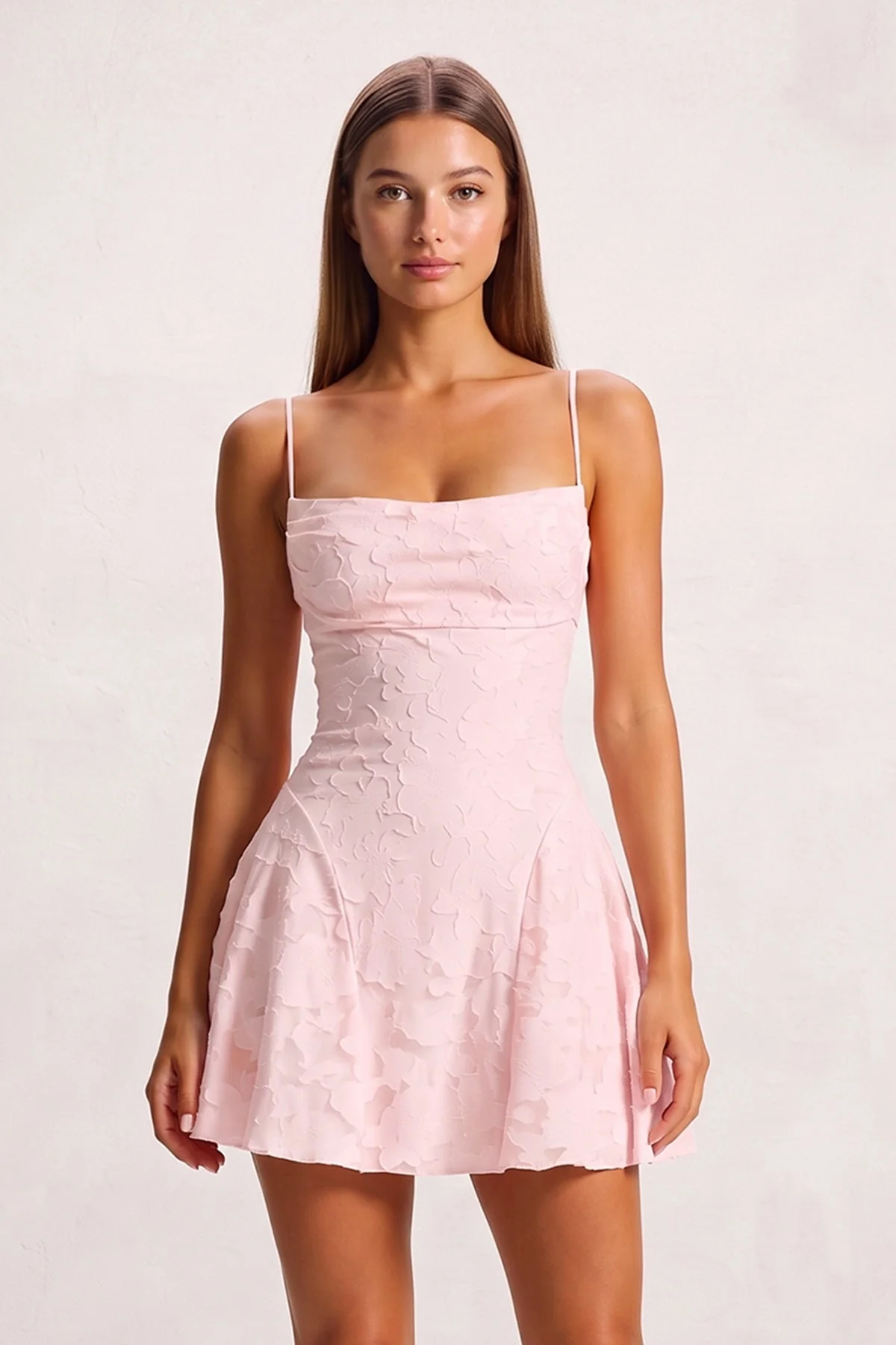 Pink Spaghetti Straps Jacquard Chiffon A-Line Homecoming Dress