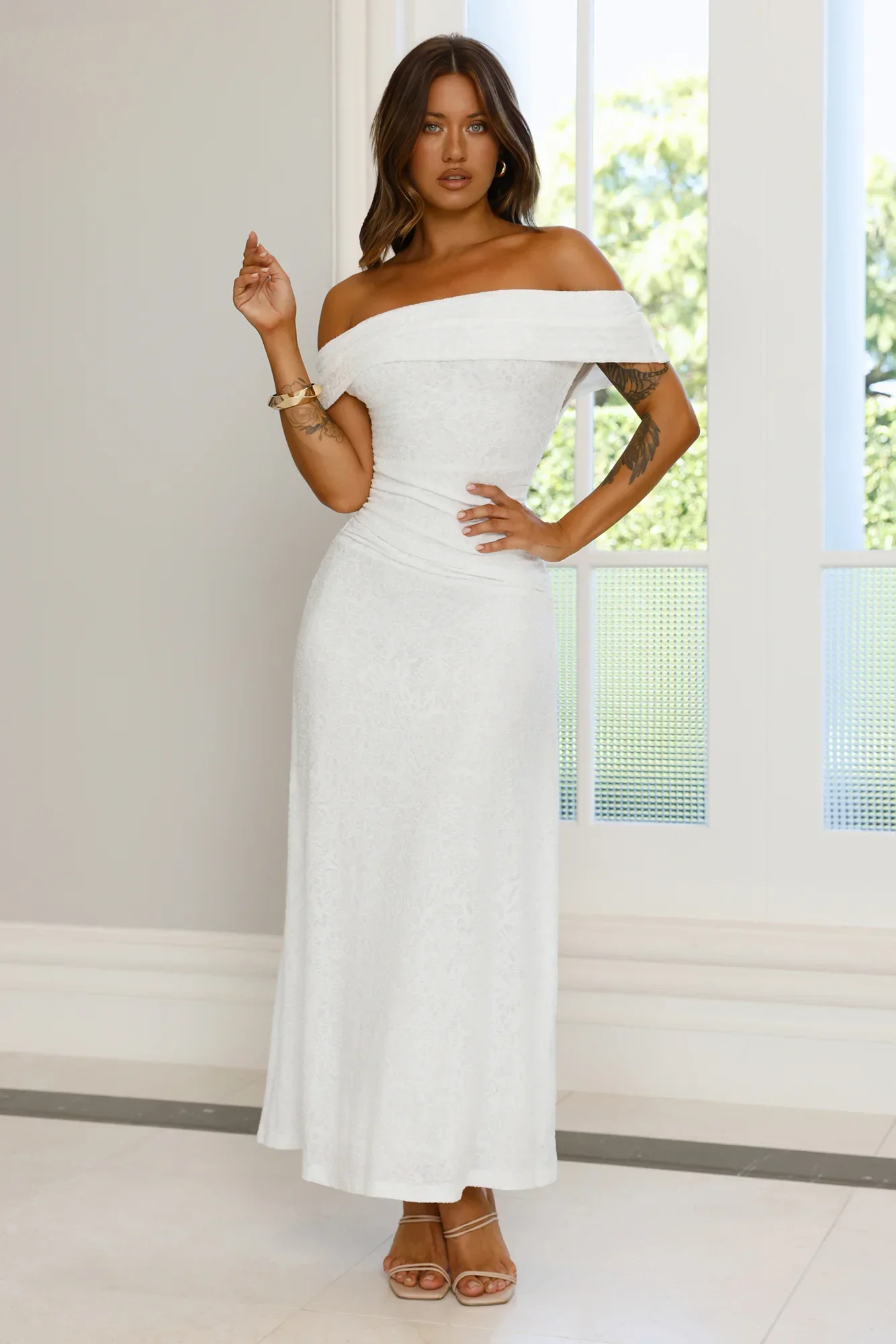 First Class Finish Off Shoulder Maxi Dress Cream