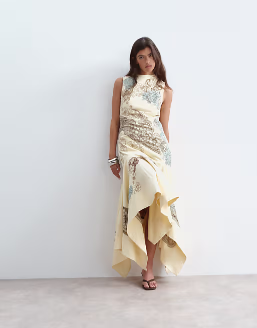 ARRANGE drop waist floral embroidered maxi dress in buttermilk