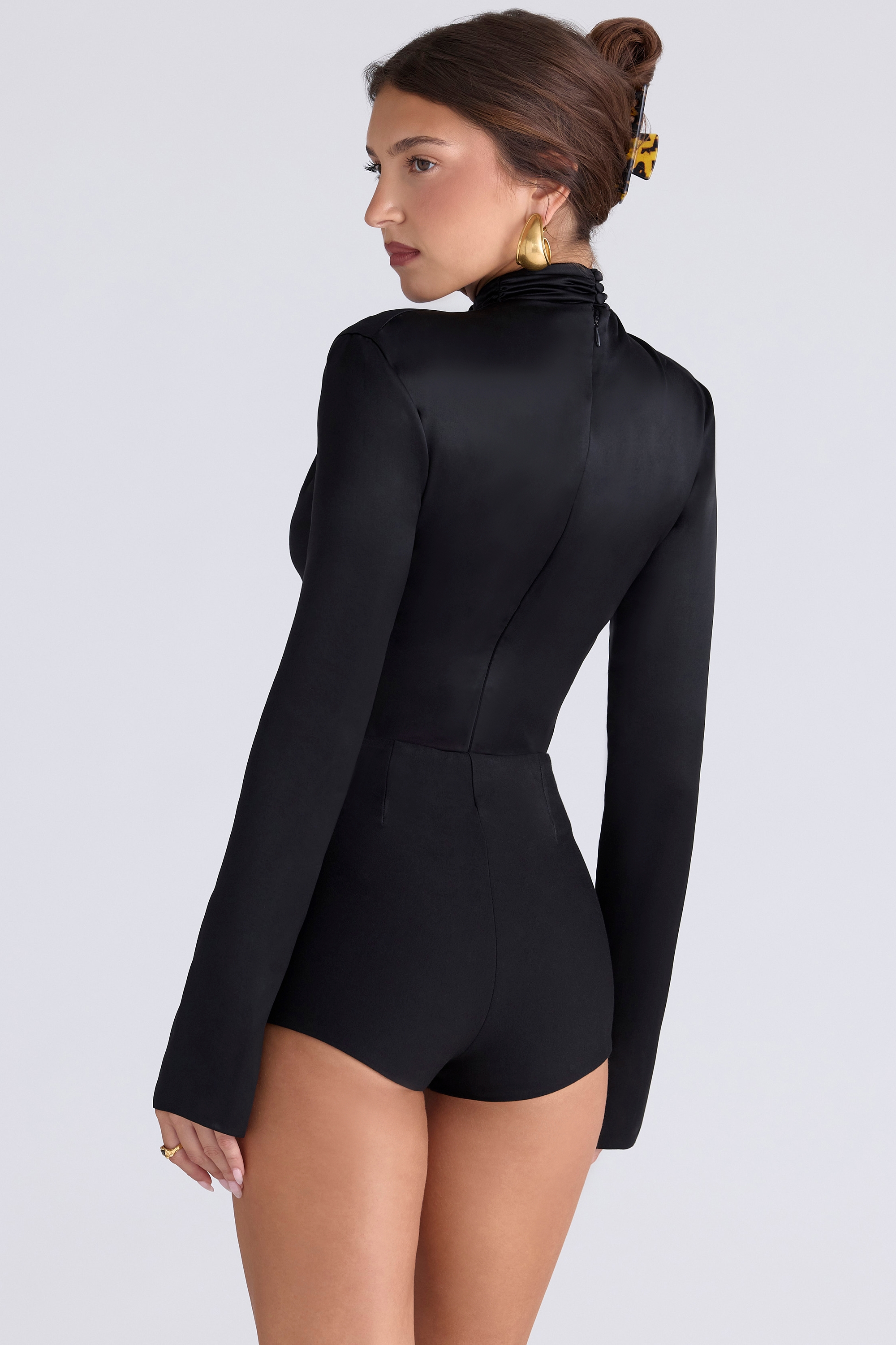 Black Satin High Neck Long Sleeve Bodysuit